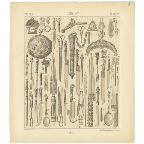 Pl. 2 Antique Print of European Weapons and Jewelry Objects, Racinet, circa 1880