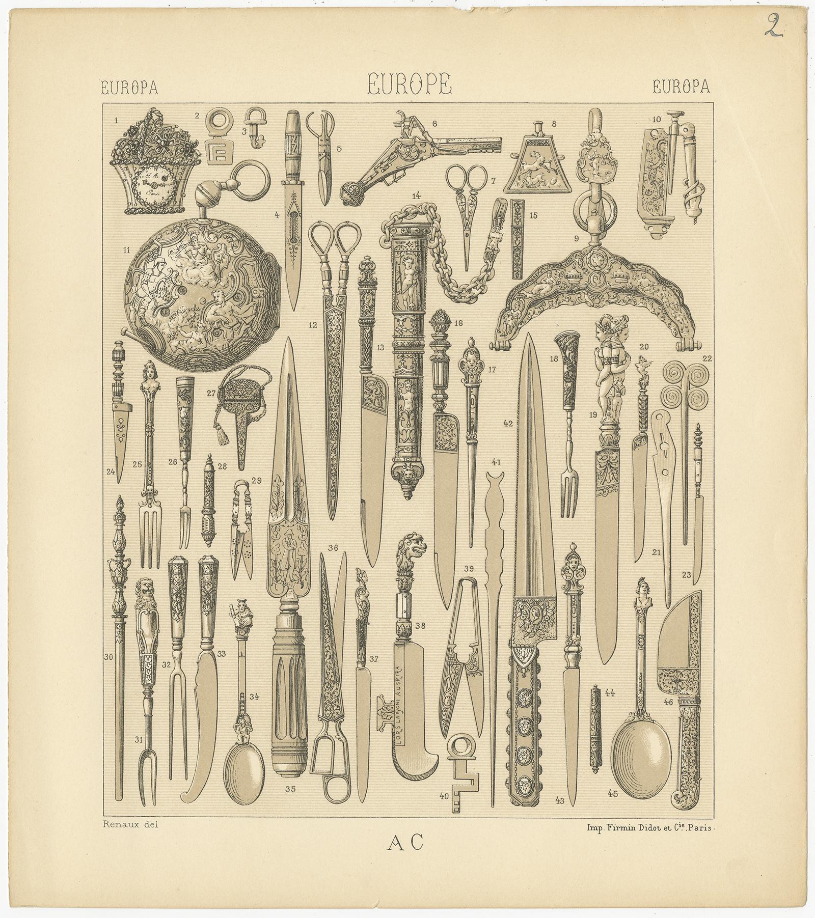 Antique print titled 'Europa - Europe - Europe'. Chromolithograph of European Weapons and Jewelry Objects. This print originates from 'Le Costume Historique' by M.A. Racinet. Published circa 1880.