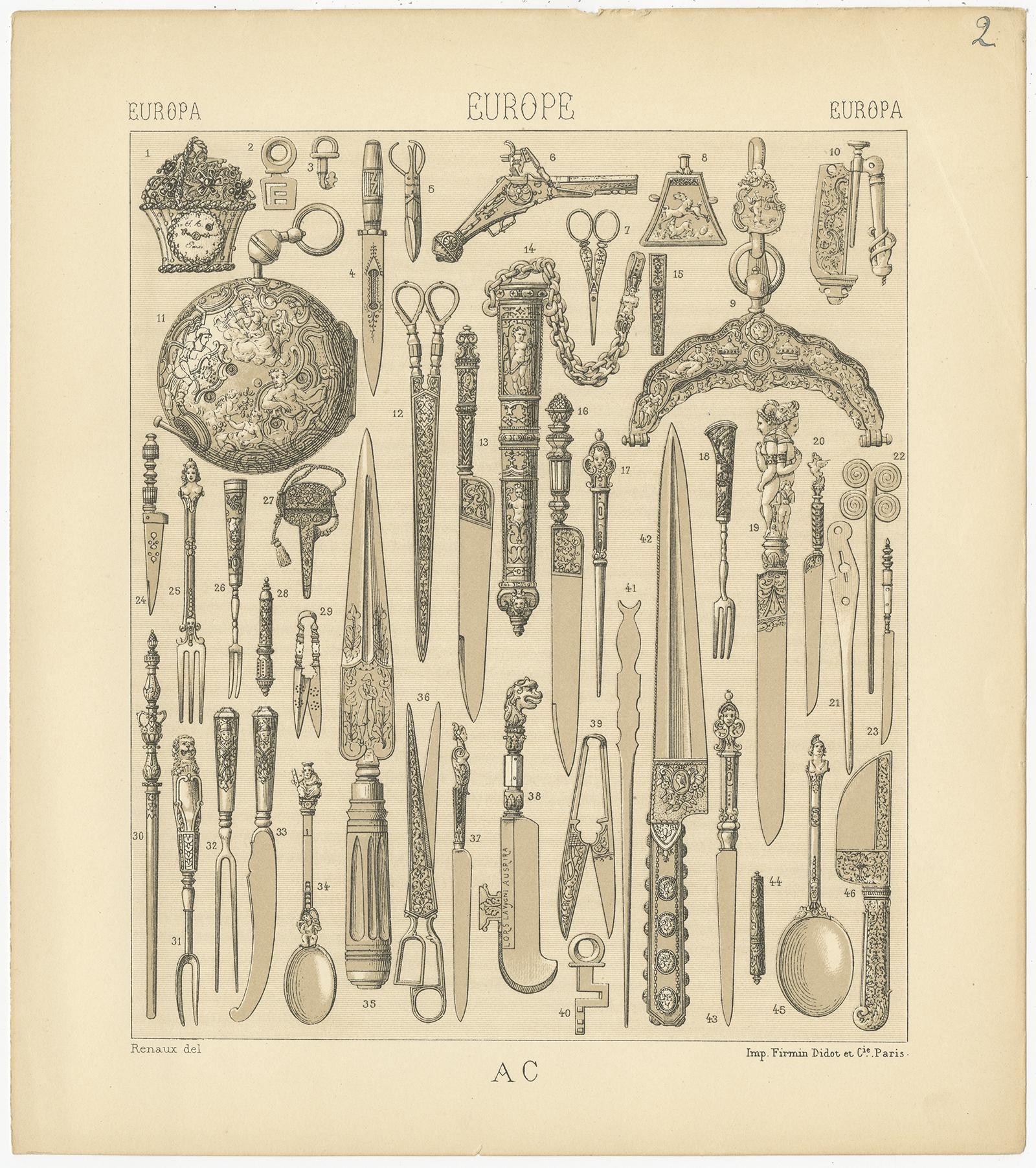 Pl. 2 Antiker Druck europäischer Waffen und Schmuckobjekte, Racinet, um 1880 (19. Jahrhundert) im Angebot
