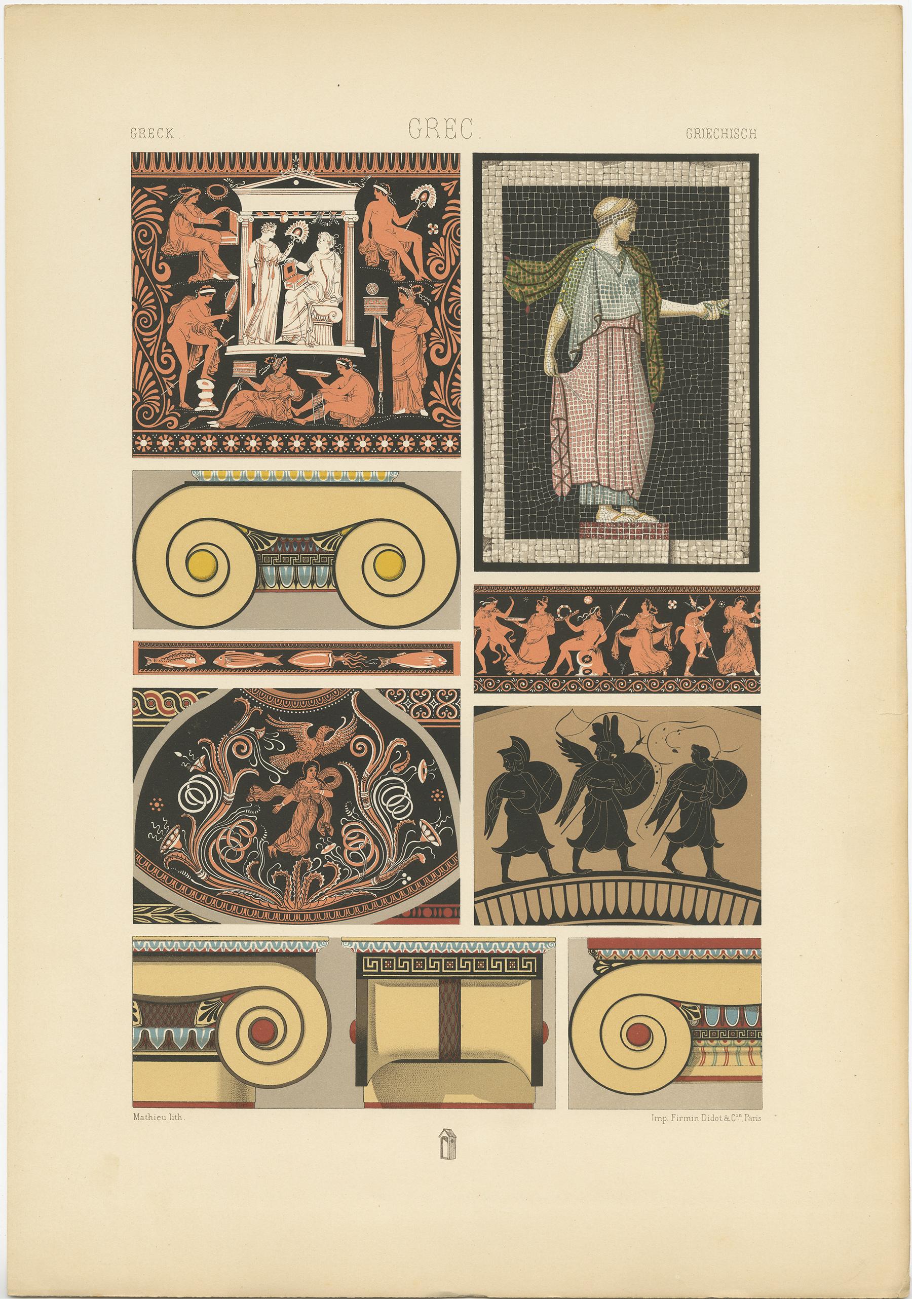 Antique print titled 'Greek - Grec - Griechisch'. Chromolithograph of Greek vase paintings, capitals and a Mosaic ornaments. This print originates from 'l'Ornement Polychrome' by Auguste Racinet. Published circa 1890.