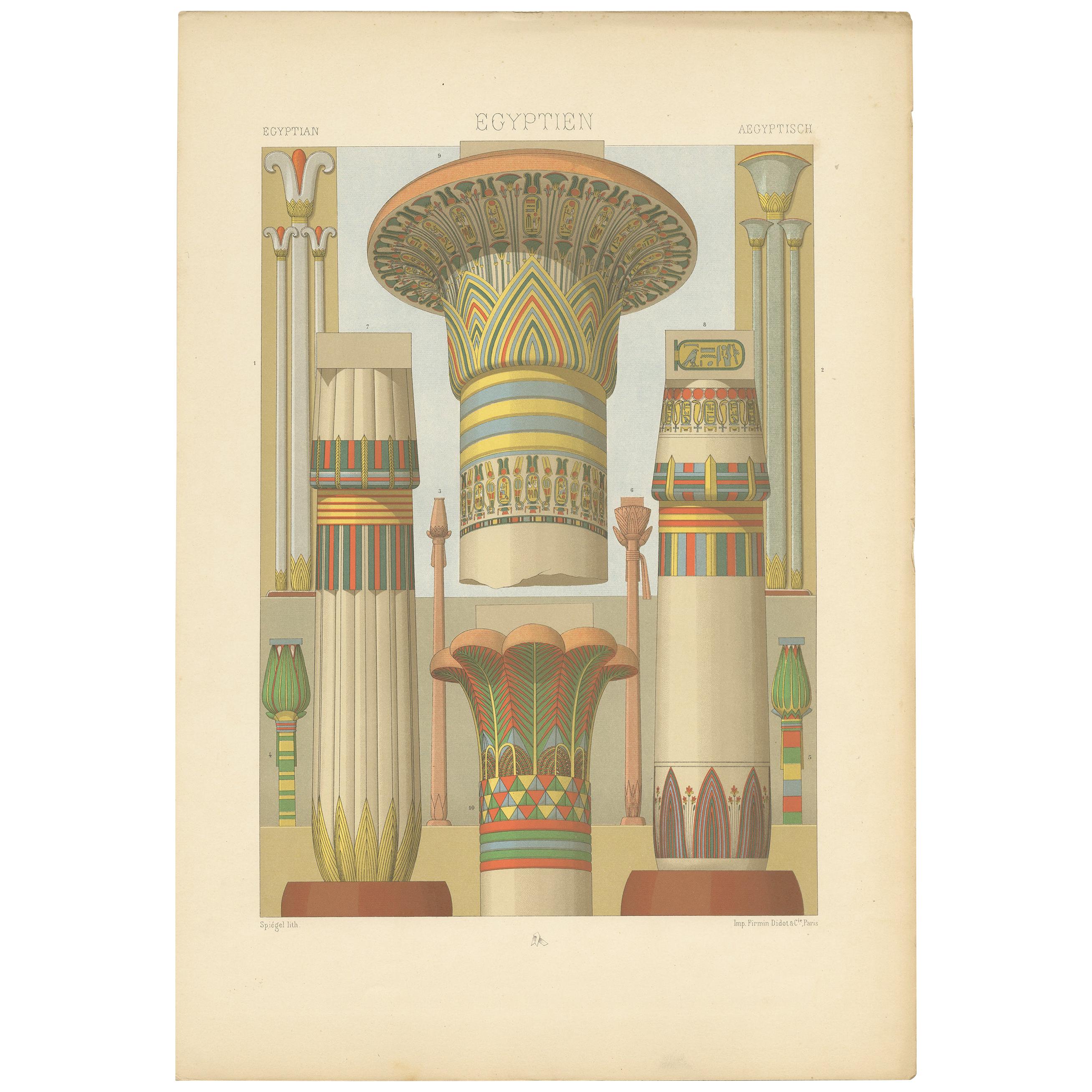 Pl. 2 Print of Egyptian Columns with Plant Motifs by Racinet 'circa 1890' For Sale