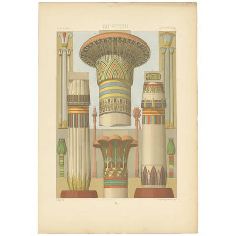 Pl. 2 Print of Egyptian Columns with Plant Motifs by Racinet 'circa 1890'