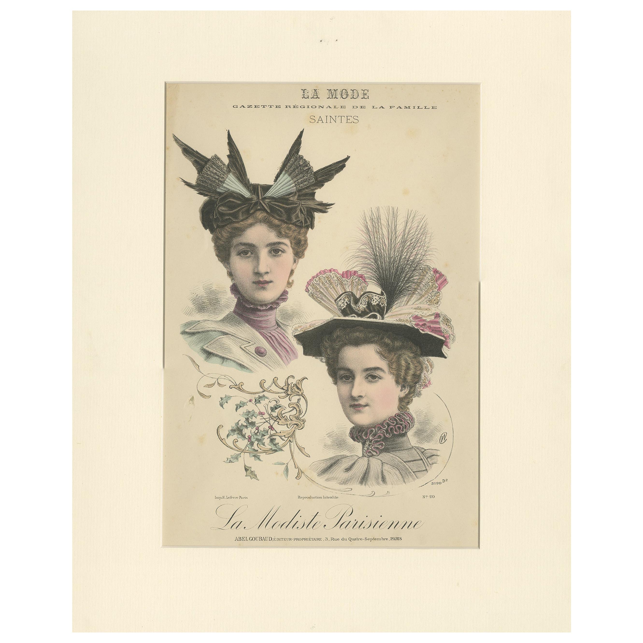 Pl. 20 Antique Fashion Print of Ladies with Hats 'c.1895' For Sale