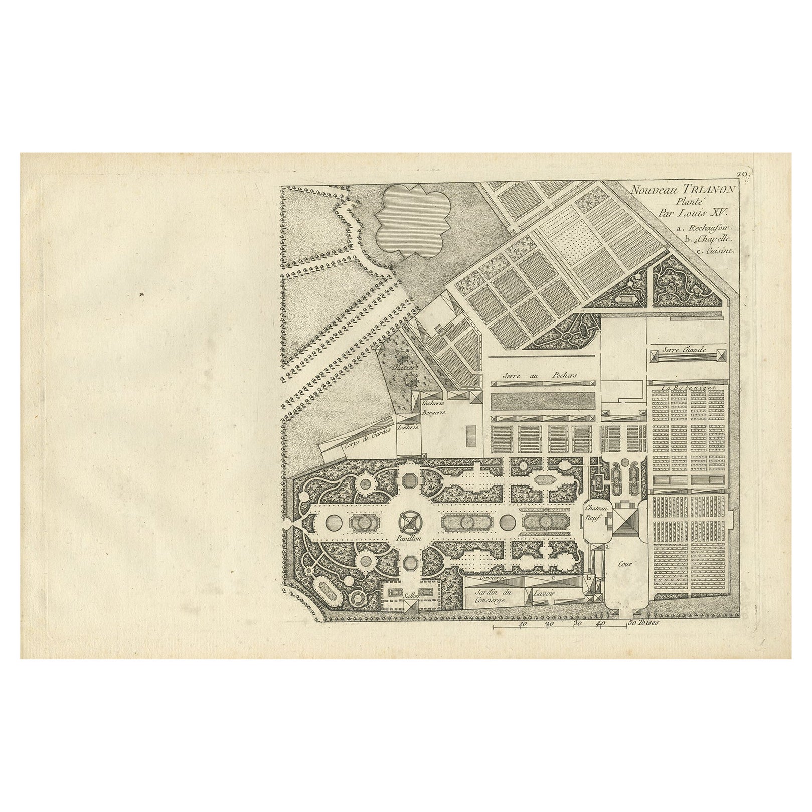 Impression ancienne d'un jardin planté par Louis XV par Le Rouge, vers 1785