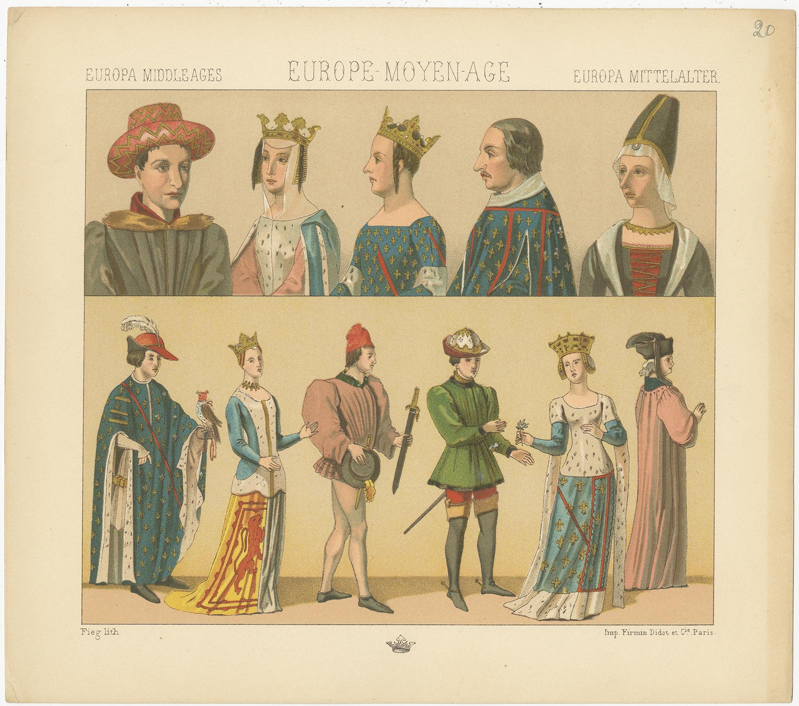 Antique print titled 'Europa Middle Ages - Europe Moyen Age- Europa Mittelalter'. Chromolithograph of European Costumes. This print originates from 'Le Costume Historique' by M.A. Racinet. Published, circa 1880.