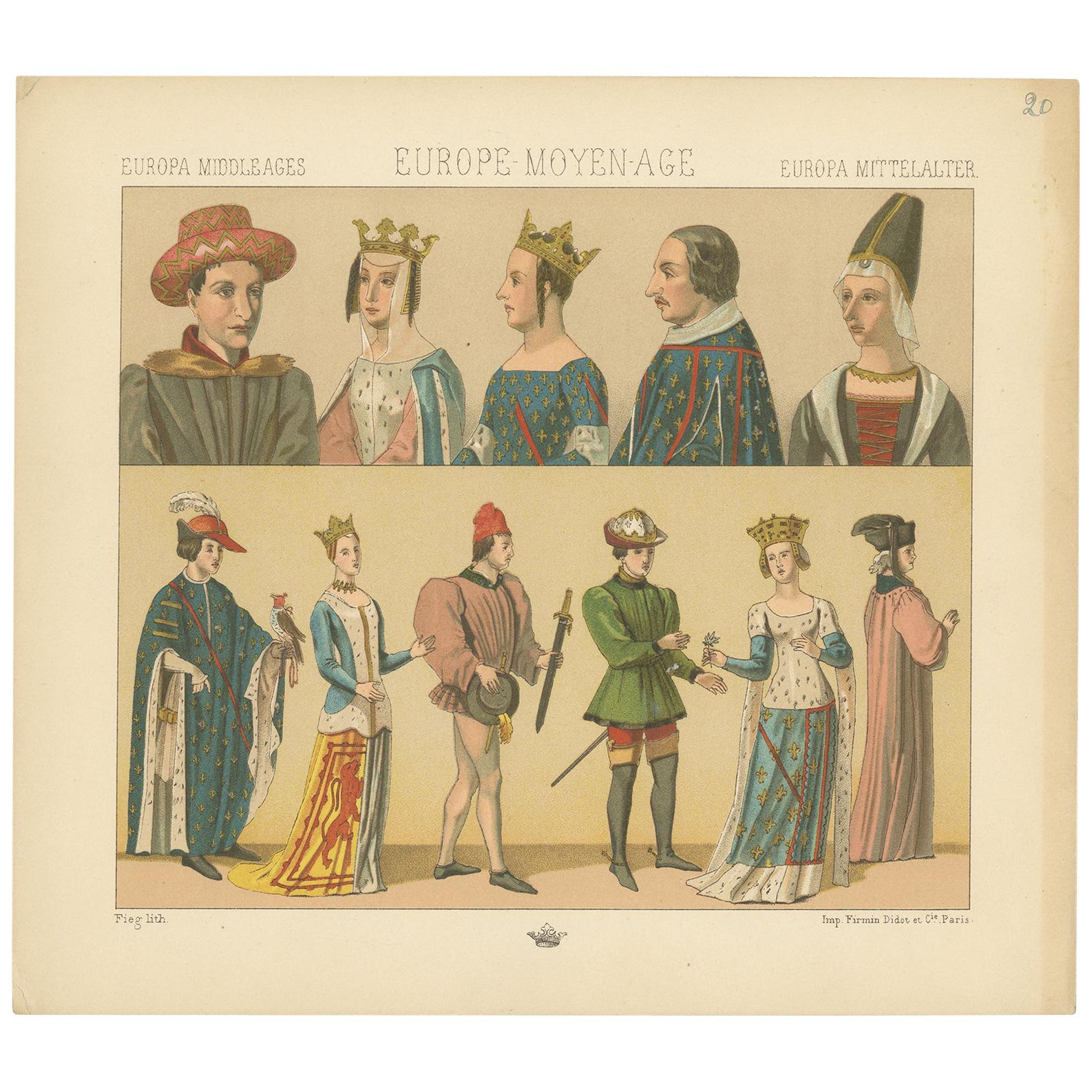 Pl. 20 Antique Print of European Costumes by Racinet, circa 1880 For Sale