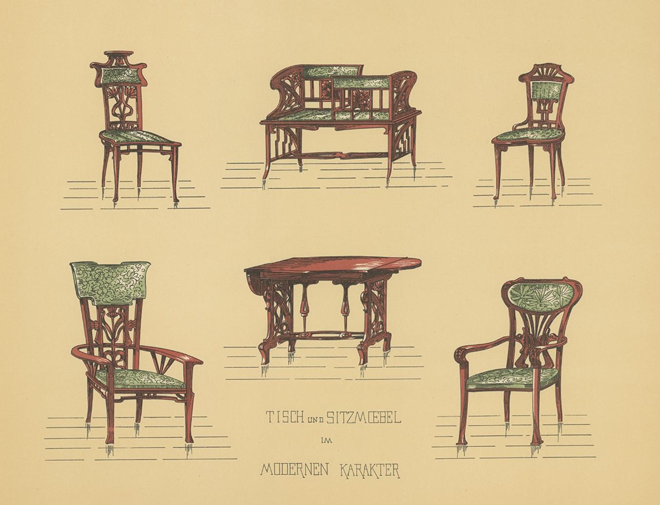 Antique print titled 'Tische und Sitzmoebel im Modernen Karakter'. Lithograph of tables and chairs. This print originates from 'Det Moderna Hemmet' by Johannes Kramer. Published by Ferdinand Hey'l, circa 1910.