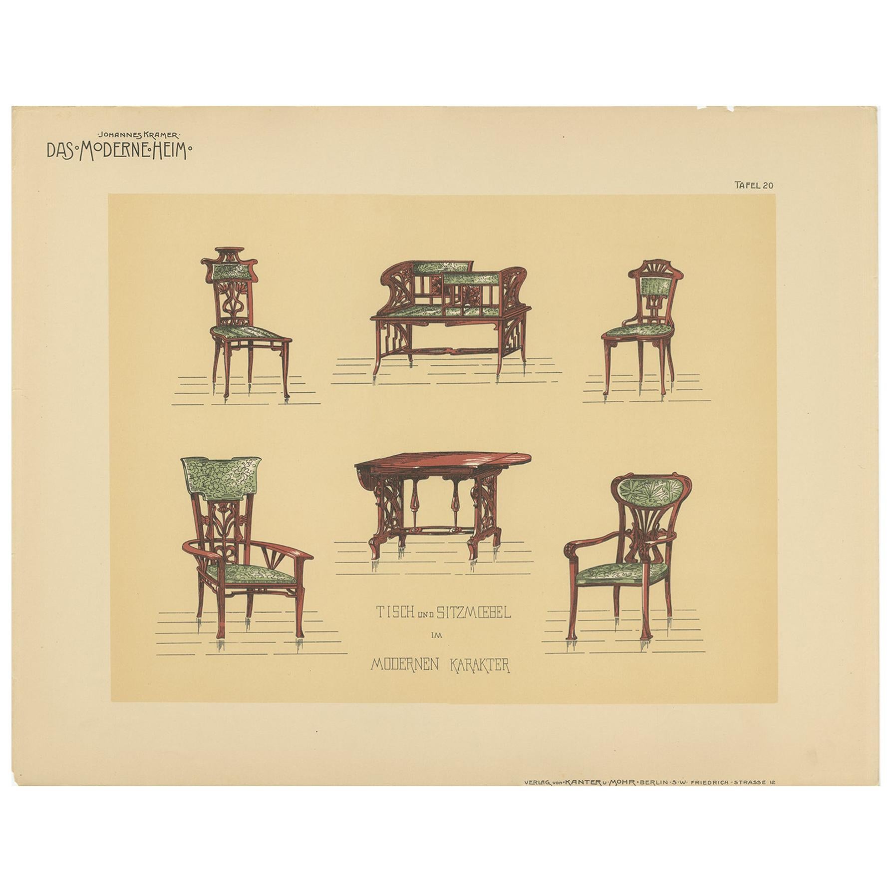 Pl. 20 Antique Print of Tables and Chairs by Kramer, circa 1910 For Sale