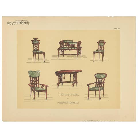 Pl. 20 Antique Print of Tables and Chairs by Kramer, circa 1910