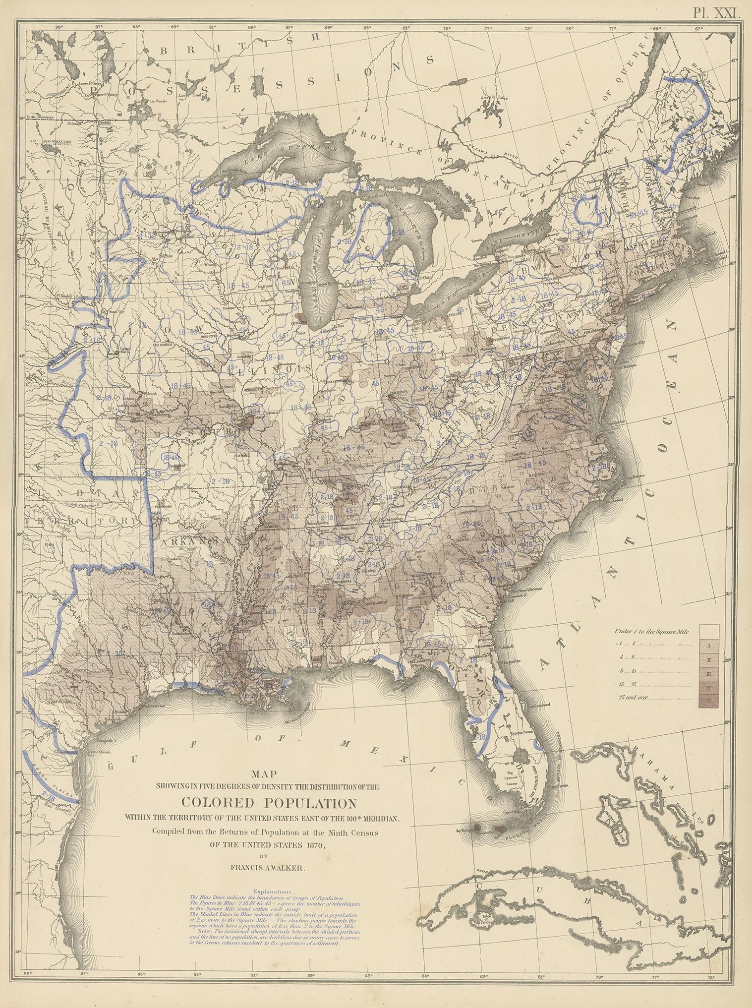 Antique chart titled 'Map showing in five degrees of density the distribution of the colored population within the territory of the United States east of the 100th Meridian. Compiled from the returns of population at the ninth census of the United