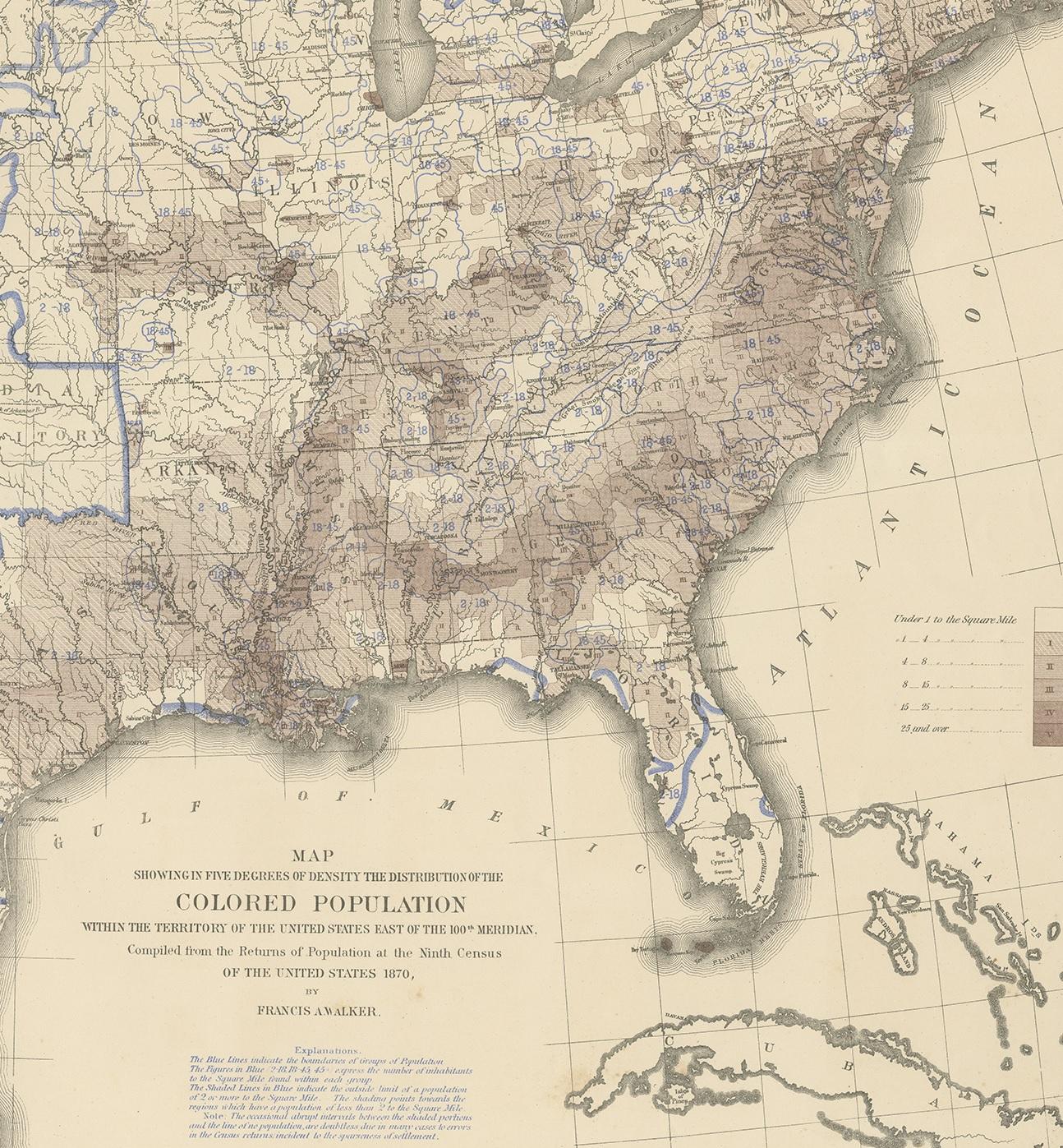 XIXe siècle Tableau ancien Pl. 21 de la densité de population colorée des États-Unis en 1870, « 1874 » en vente