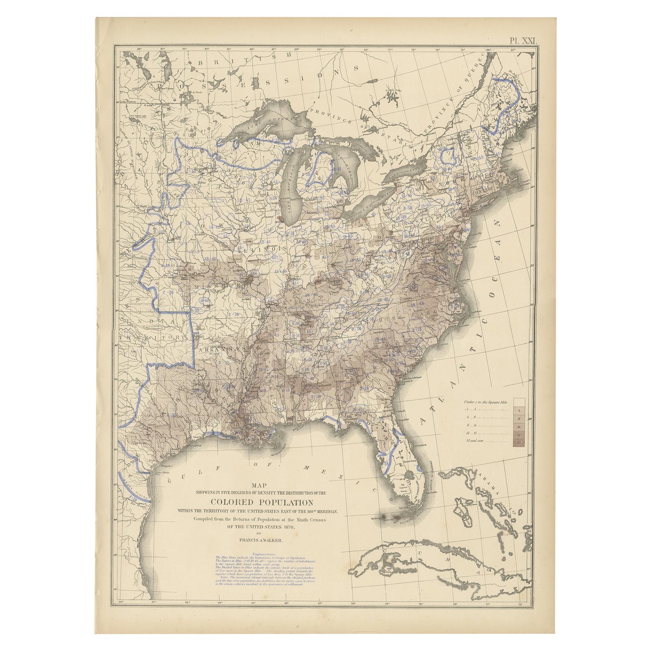 Pl. 21 Antique Chart of the US Colored Population Density in 1870, '1874' For Sale