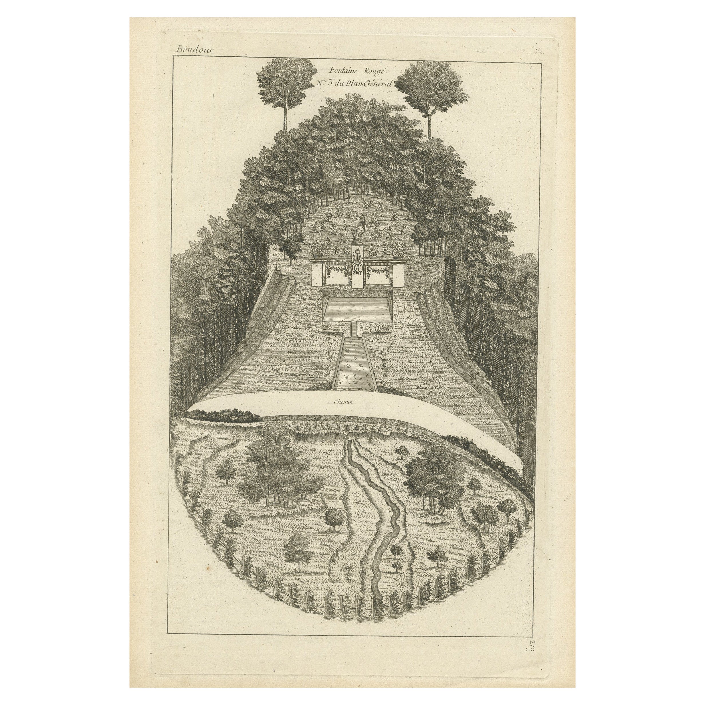 Antiker Druck eines Gartenbrunnens aus der Pl. 21 von Le Rouge, um 1785