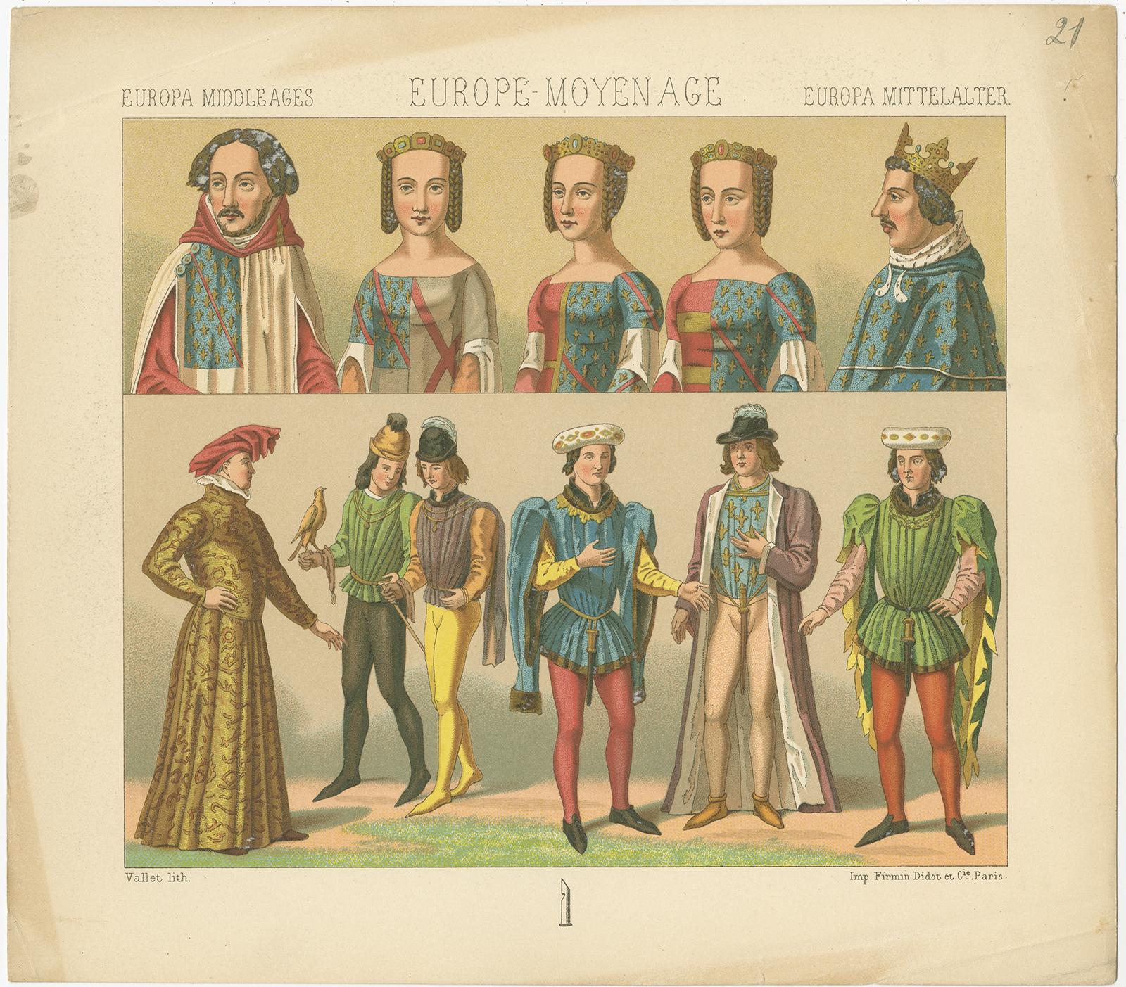 Antique print titled 'Europa Middle Ages - Europe Moyen Age- Europa Mittelalter'. Chromolithograph of European Costumes. This print originates from 'Le Costume Historique' by M.A. Racinet. Published circa 1880.