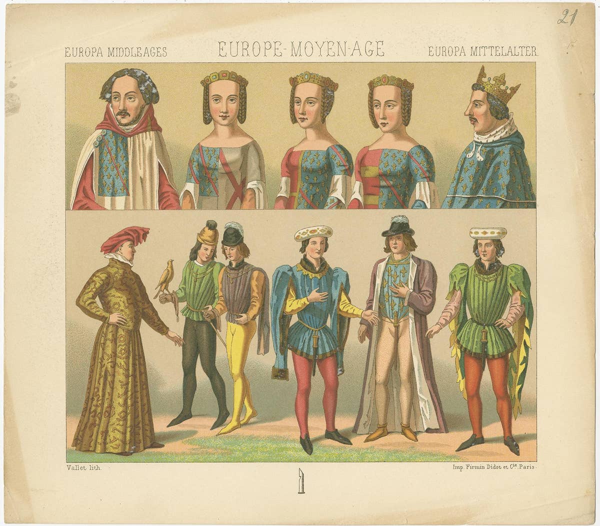 Pl. 21 Antique Print of European Costumes by Racinet 'circa 1880'