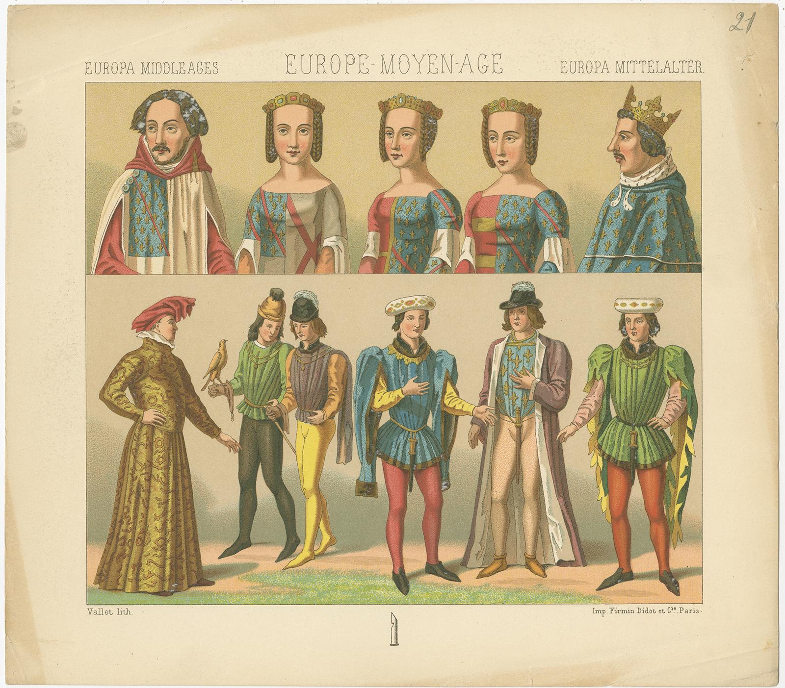 XIXe siècle Impression ancienne de costumes européennes par Racinet Pl. 21, circa 1880 en vente
