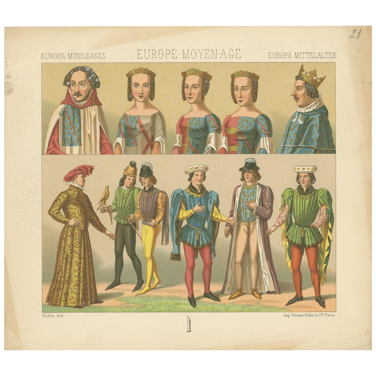 Pl. 21 Antique Print of European Costumes by Racinet 'circa 1880' For Sale