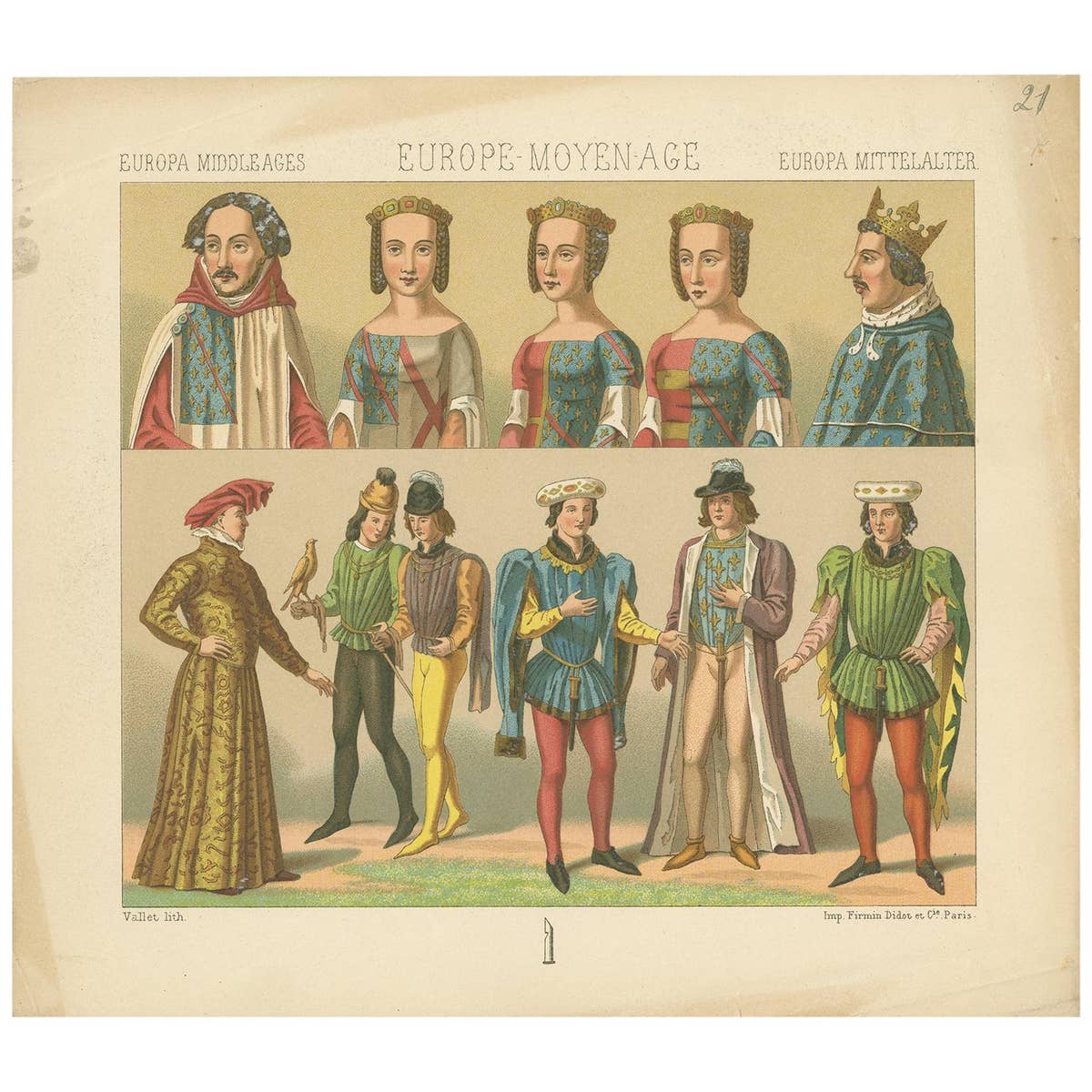 Pl. 21 Antique Print of European Costumes by Racinet 'circa 1880'