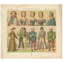 Pl. 21 Antique Print of European Costumes by Racinet 'circa 1880'