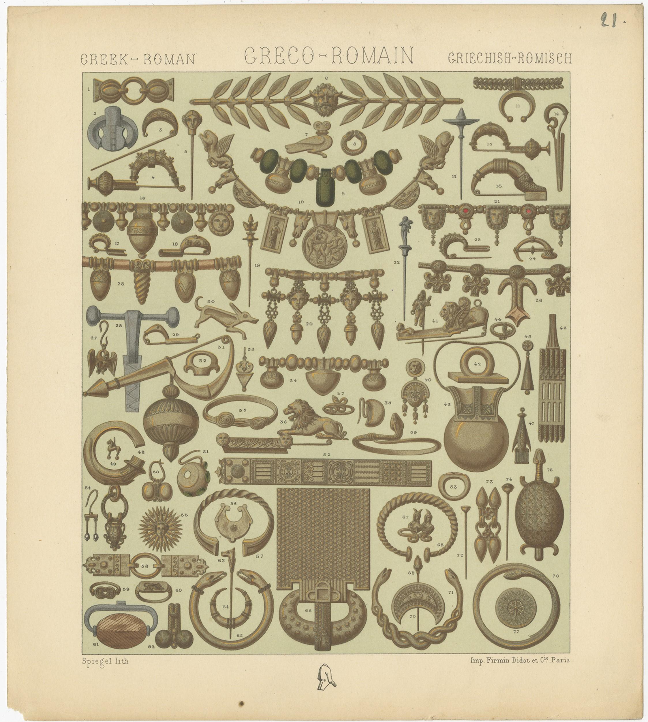 Antique print titled 'Greece-Roman, Grece-Romain, Griechenland-Romisch'. Chromolithograph of Greece-Roman decorative objects. This print originates from 'Le Costume Historique' by M.A. Racinet. Published, circa 1880.