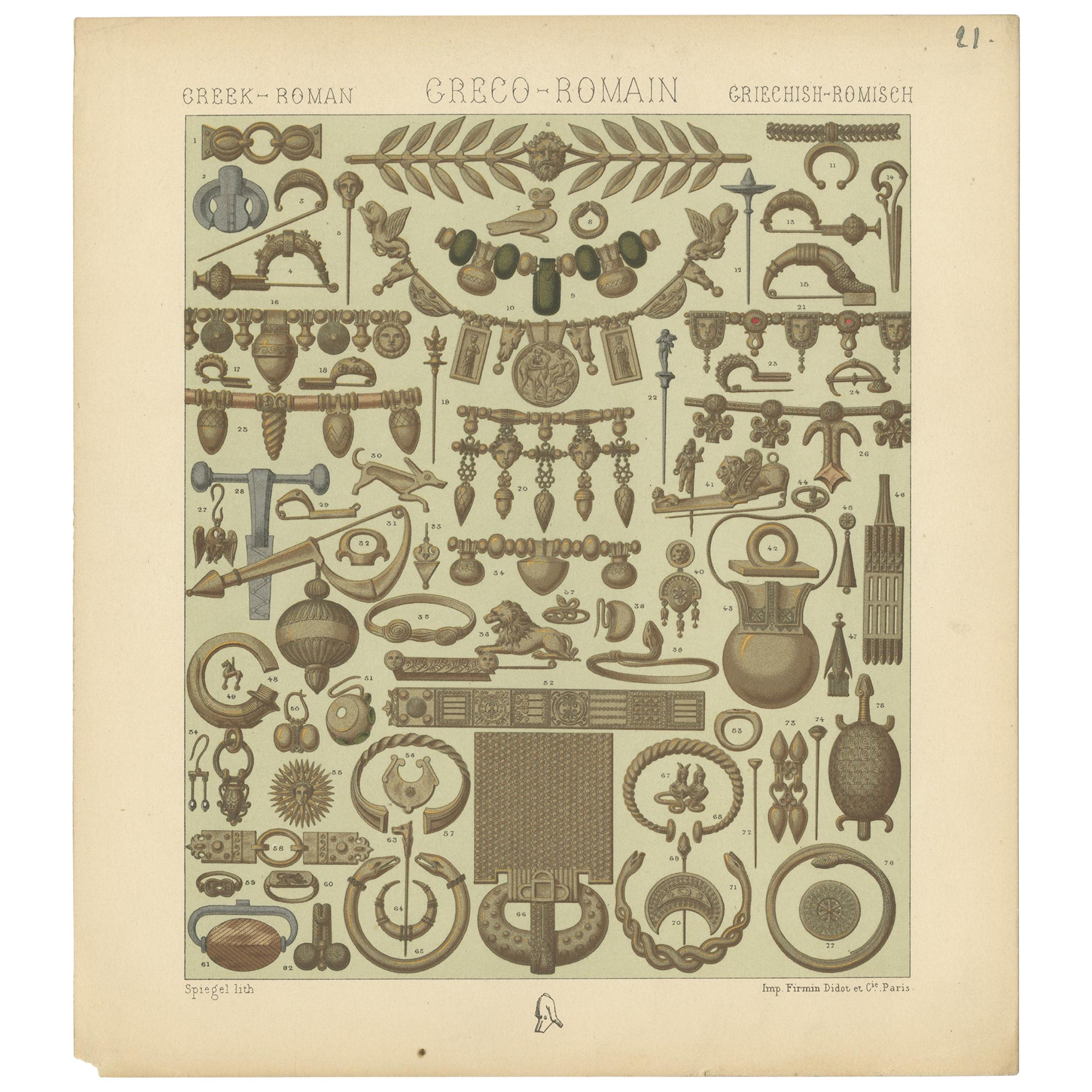 Pl. 21 Antique Print of Greece-Roman Decorative Objects by Racinet, 'circa 1880' For Sale