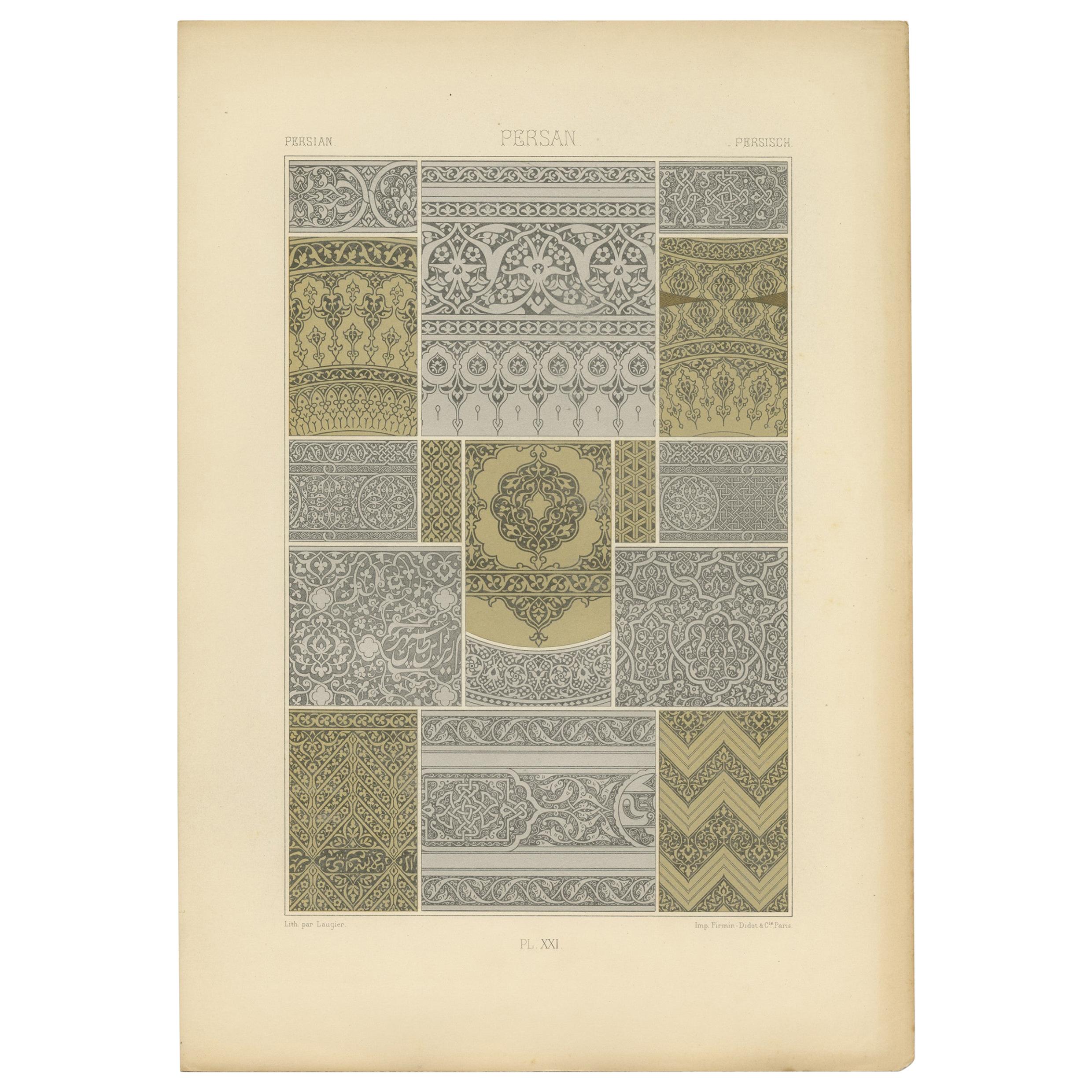 Pl. 21 Antique Print of Persian Ornaments by Racinet, circa 1890 For Sale