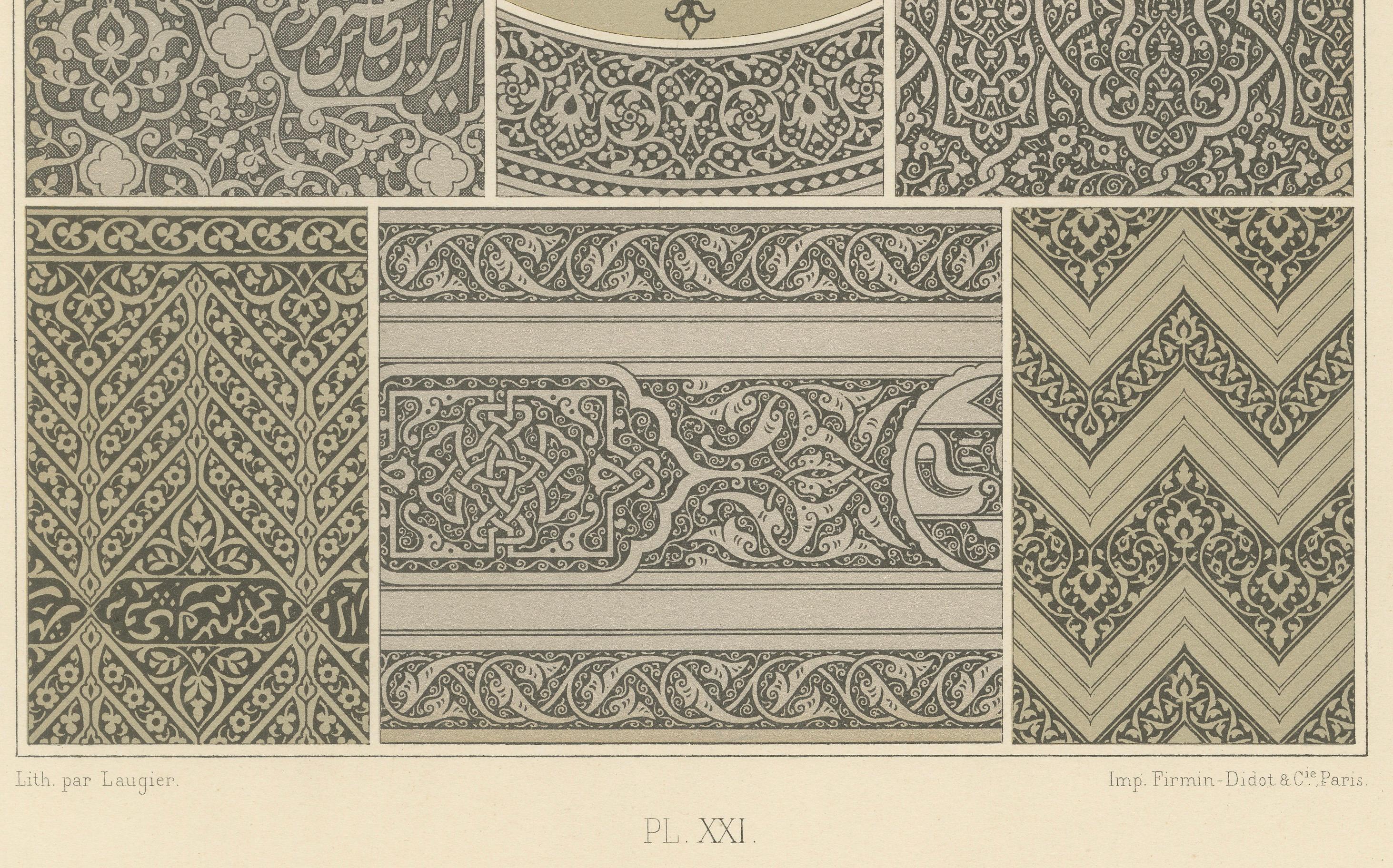 Persian Ornament Designs – Islamic Architectural Patterns, Plate XXI

Description:
This antique design plate presents a striking array of Persian ornamental motifs, masterfully drawn and printed in the late 19th century as part of a renowned
