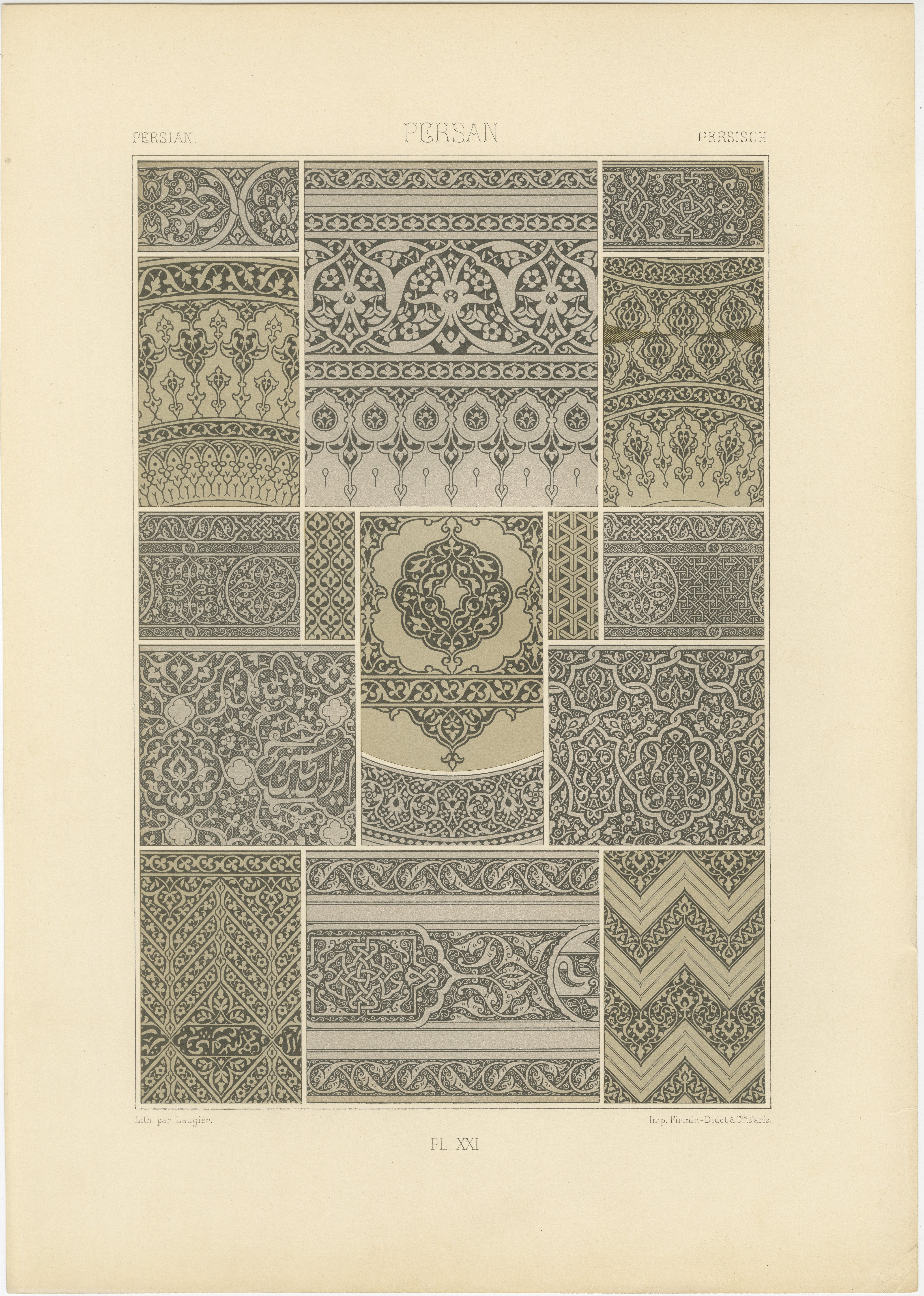 Pl. 21 Grabado antiguo de ornamentos persas de Racinet, hacia 1890