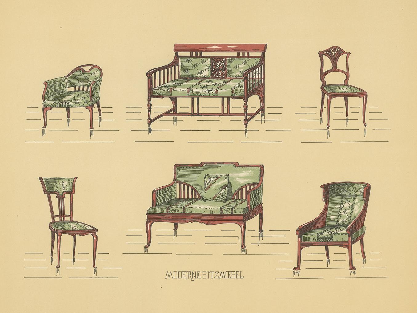 Antique print titled 'Moderne Sitzmoebel'. Lithograph of tables and chairs. This print originates from 'Det Moderna Hemmet' by Johannes Kramer. Published by Ferdinand Hey'l, circa 1910.