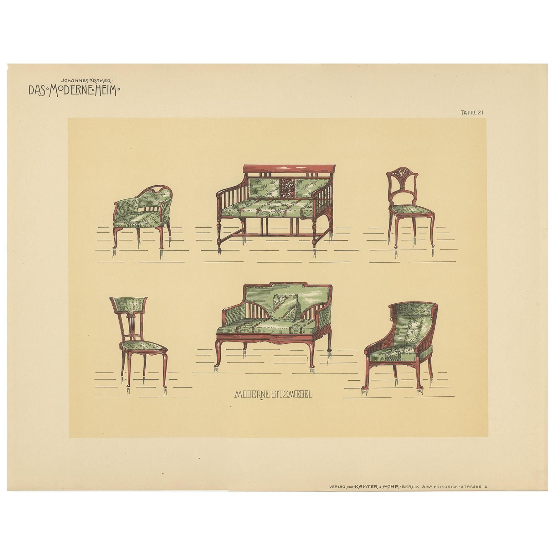 Pl. 21 Antique Print of Tables and Chairs by Kramer, circa 1910 For Sale