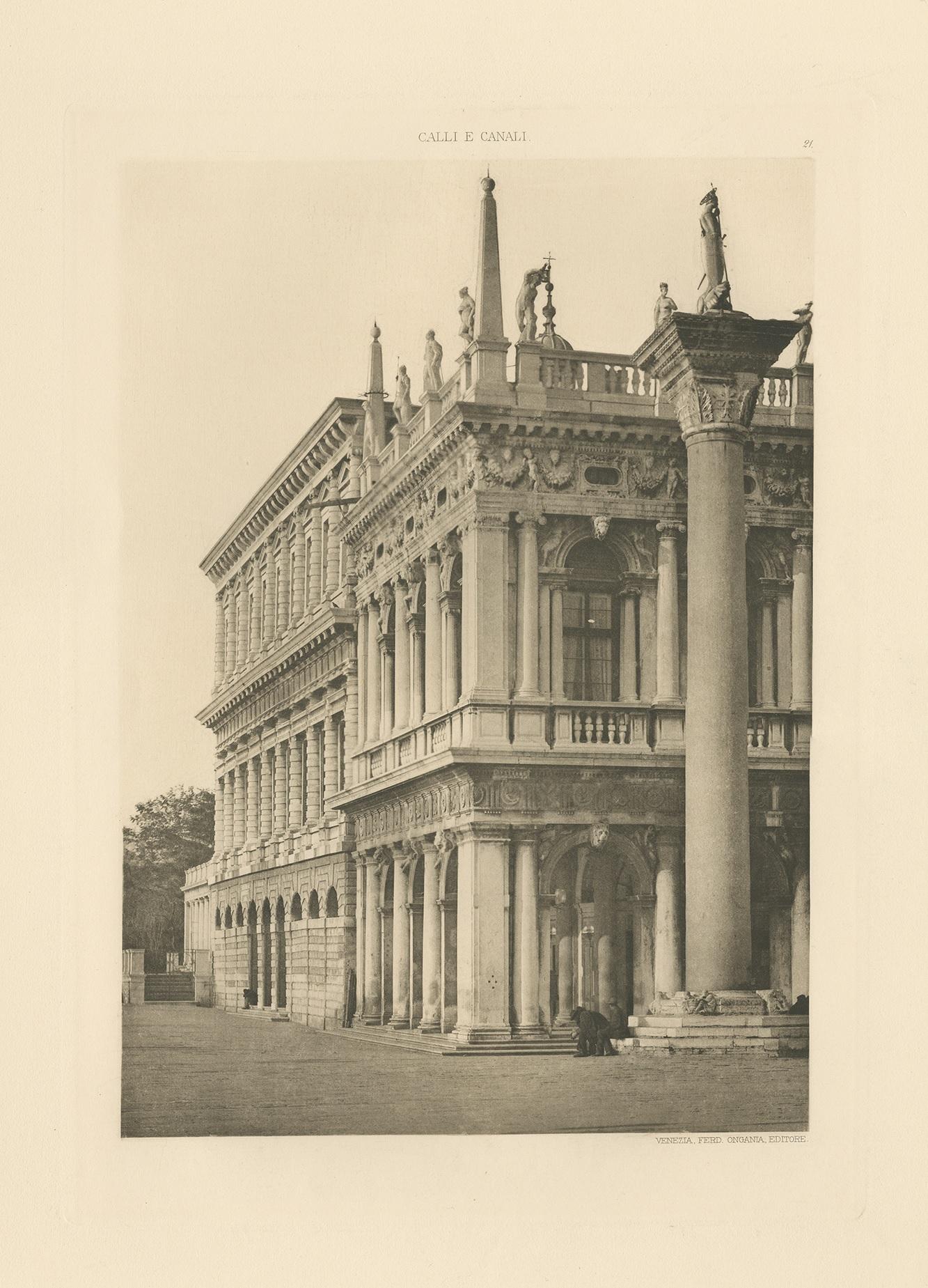 Photogravure of the column of San Todaro in Venice. This print originates from 'Calli e Canali - Streets and Canals in Venice edited by Ferdinand Ongania'. Published circa 1890.