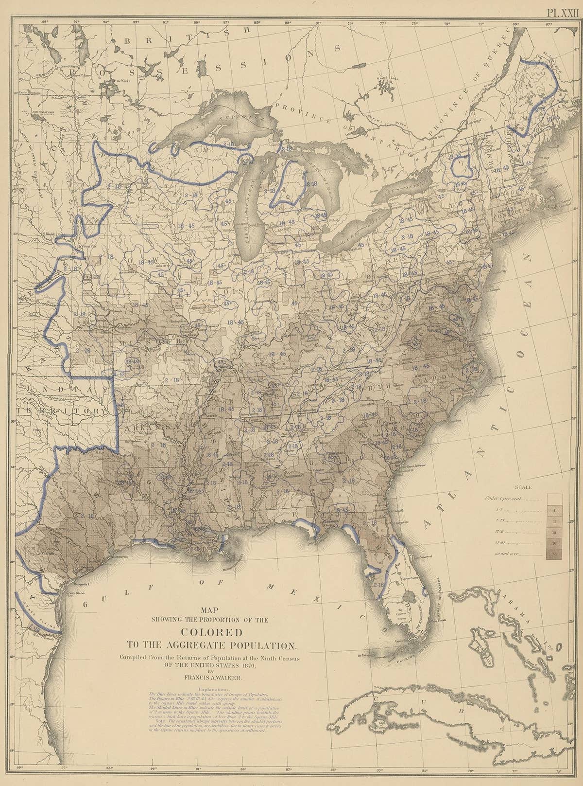 Pl. 22 Antique Chart of the US Colored Population Proportion in 1870, '1874'