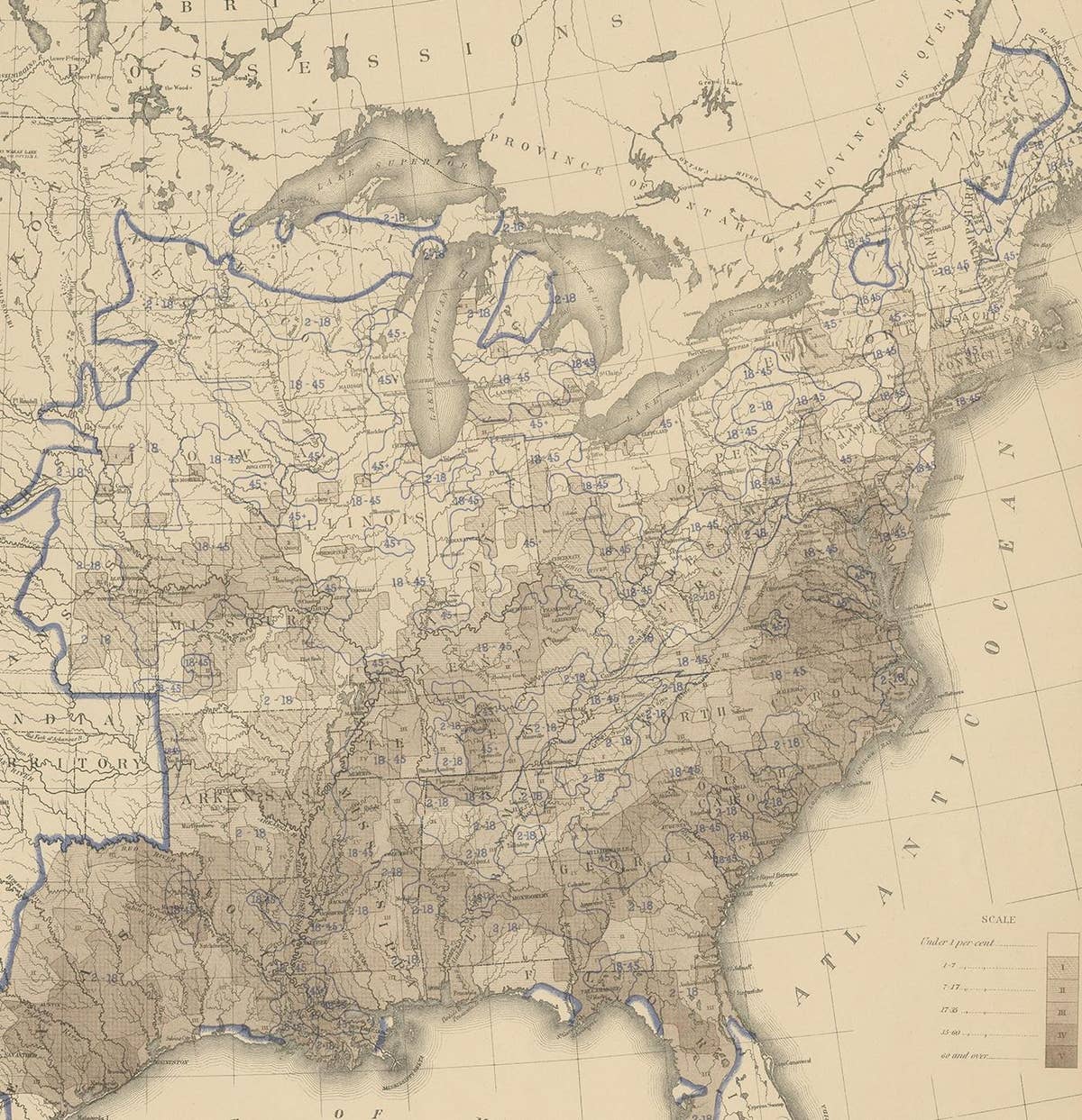 Pl. 22 Antique Chart of the US Colored Population Proportion in 1870, '1874'