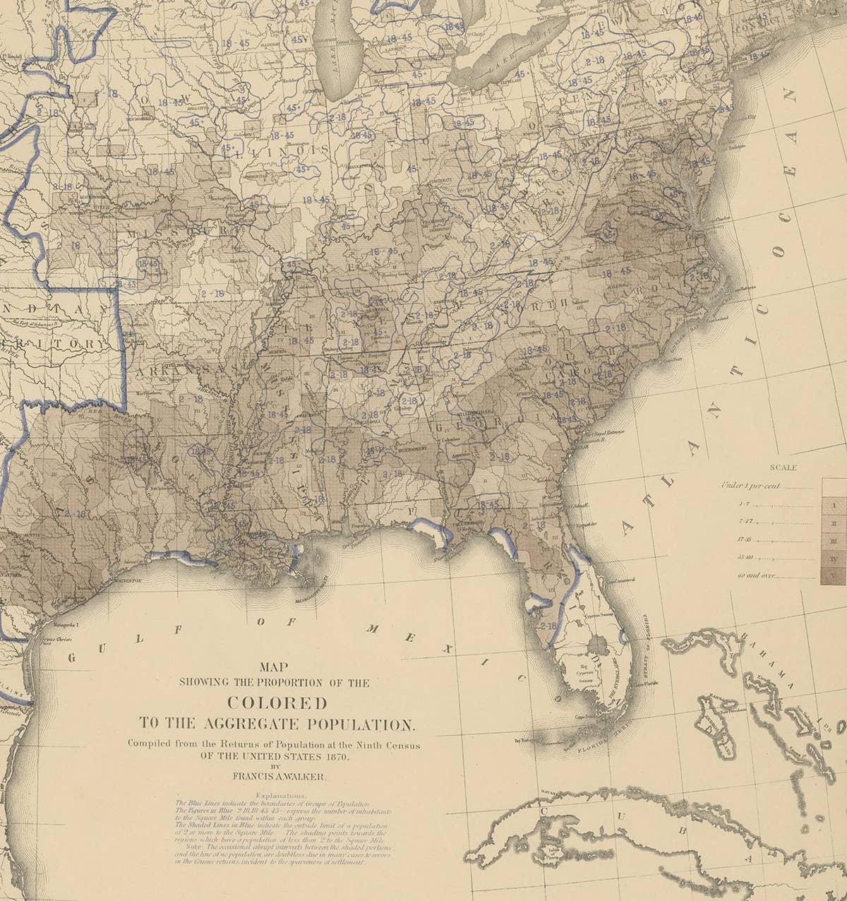 Pl. 22 Antique Chart of the US Colored Population Proportion in 1870, '1874'