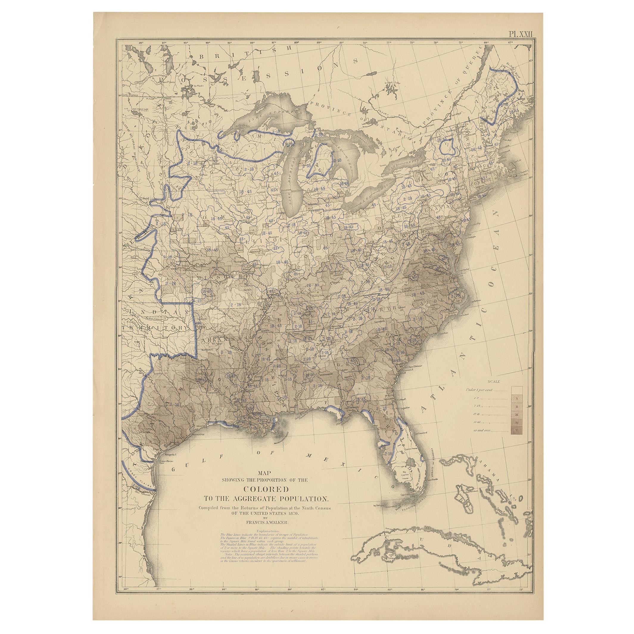 Pl. 22 Antique Chart of the US Colored Population Proportion in 1870, '1874' For Sale