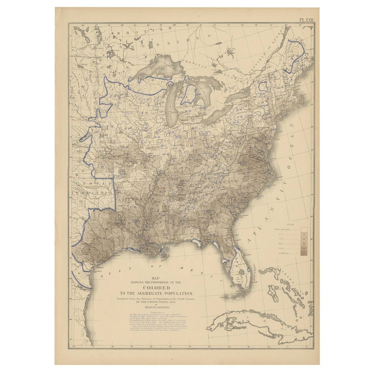 Pl. 22 Antique Chart of the US Colored Population Proportion in 1870, '1874'