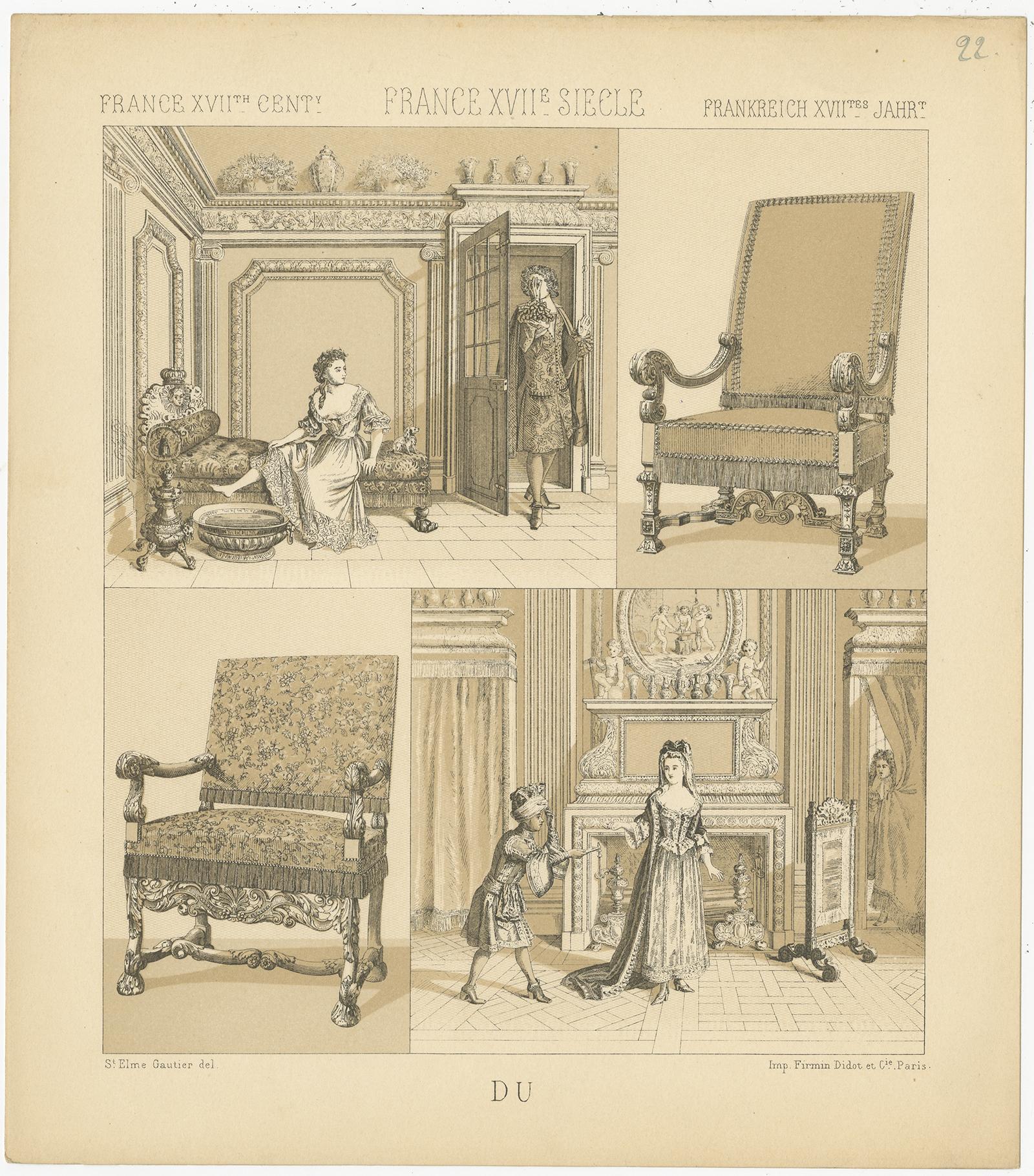 Antique print titled 'France XVIIth Cent - France XVIIe Siecle - Frankreich XVIItes Jahr'. Chromolithograph of French XVIIth Cent Furniture. This print originates from 'Le Costume Historique' by M.A. Racinet. Published, circa 1880.