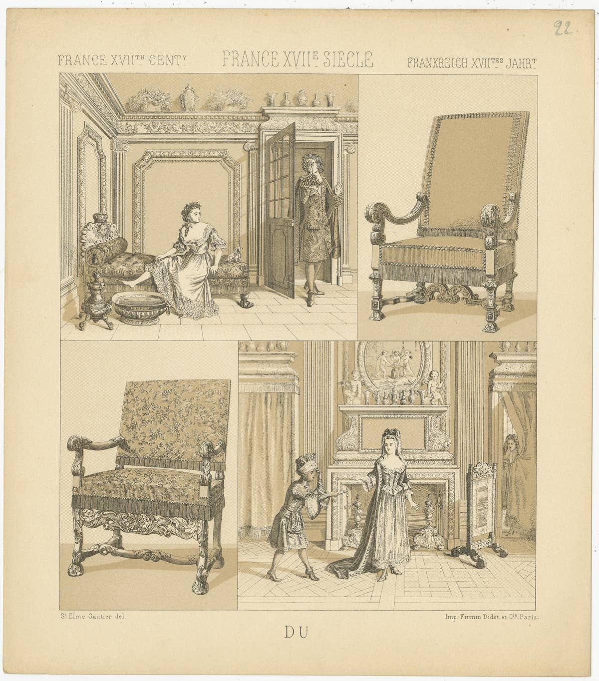 Pl. 22 Antique Print of French XVIIth Century Furniture by Racinet, circa 1880