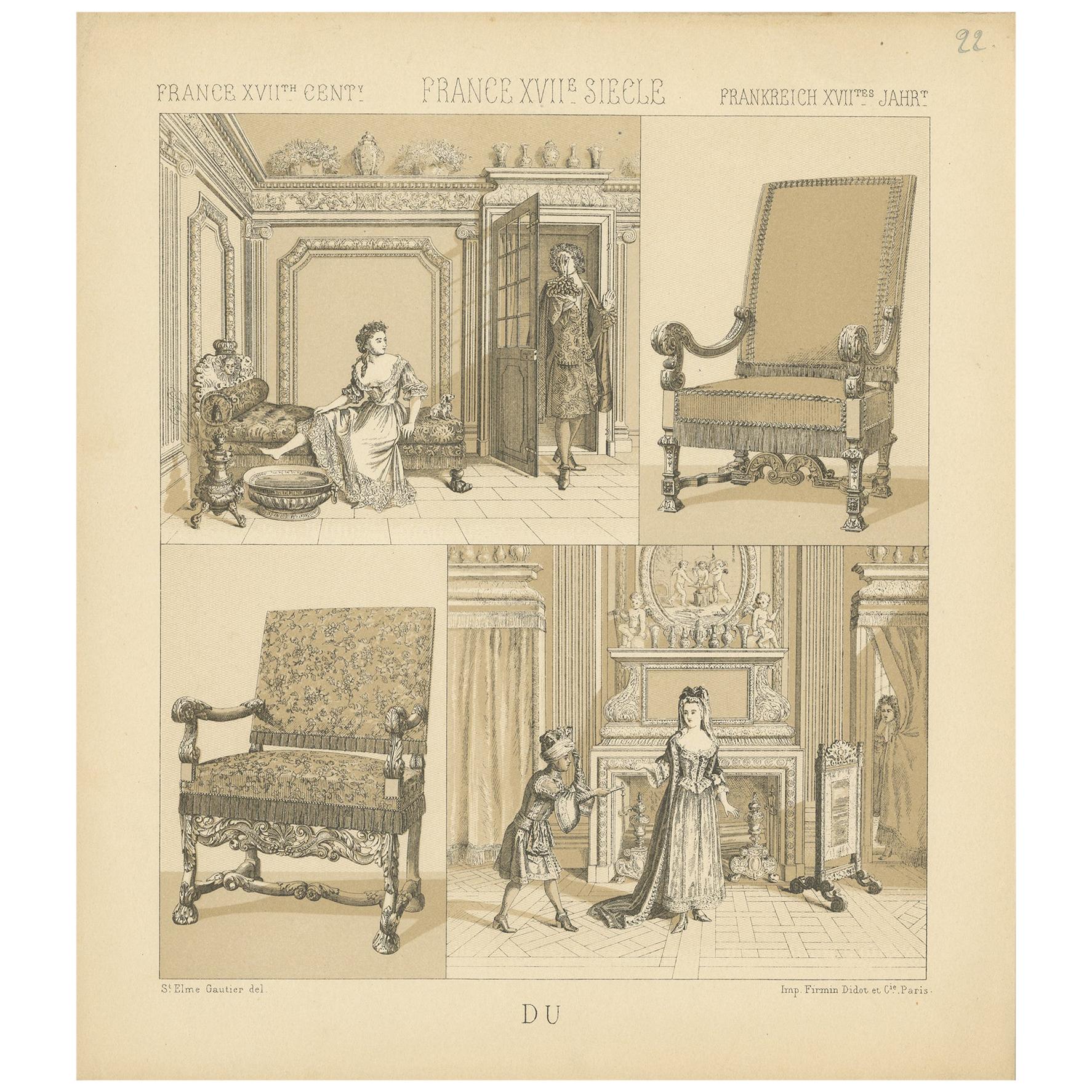 Pl. 22 Antique Print of French XVIIth Century Furniture by Racinet, circa 1880 For Sale