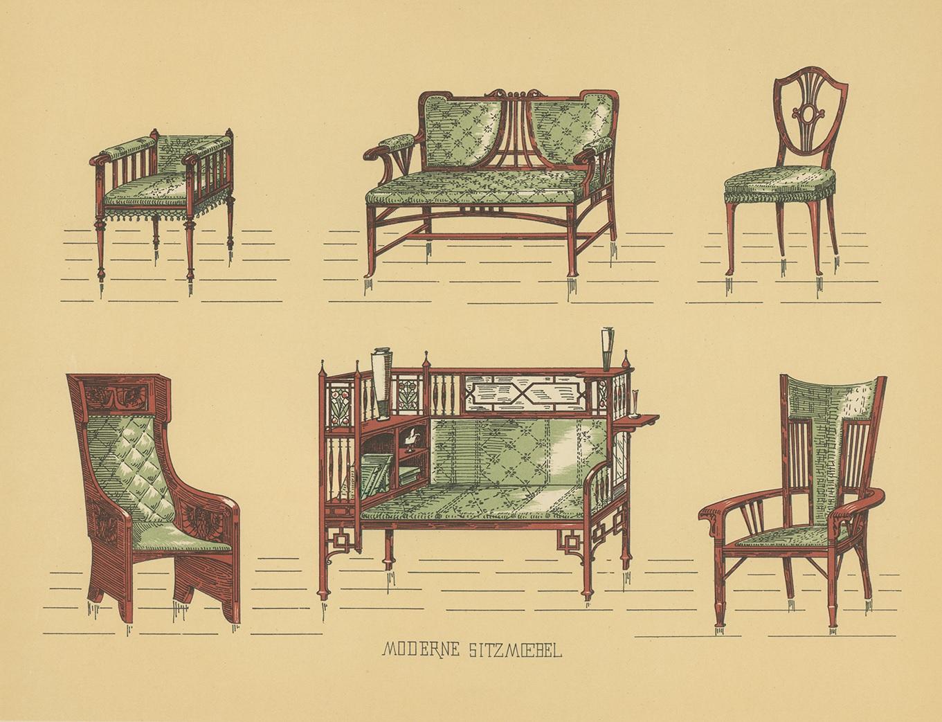 Impression ancienne de tables et de chaises par Kramer, pl. 22, vers 1910 Bon état - En vente à Langweer, NL