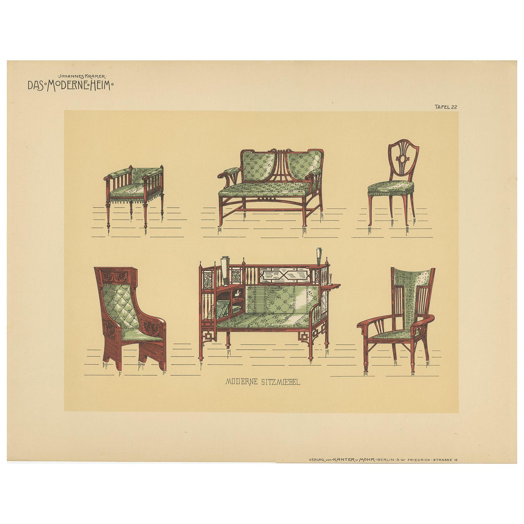 Pl. 22 Antique Print of Tables and Chairs by Kramer, circa 1910