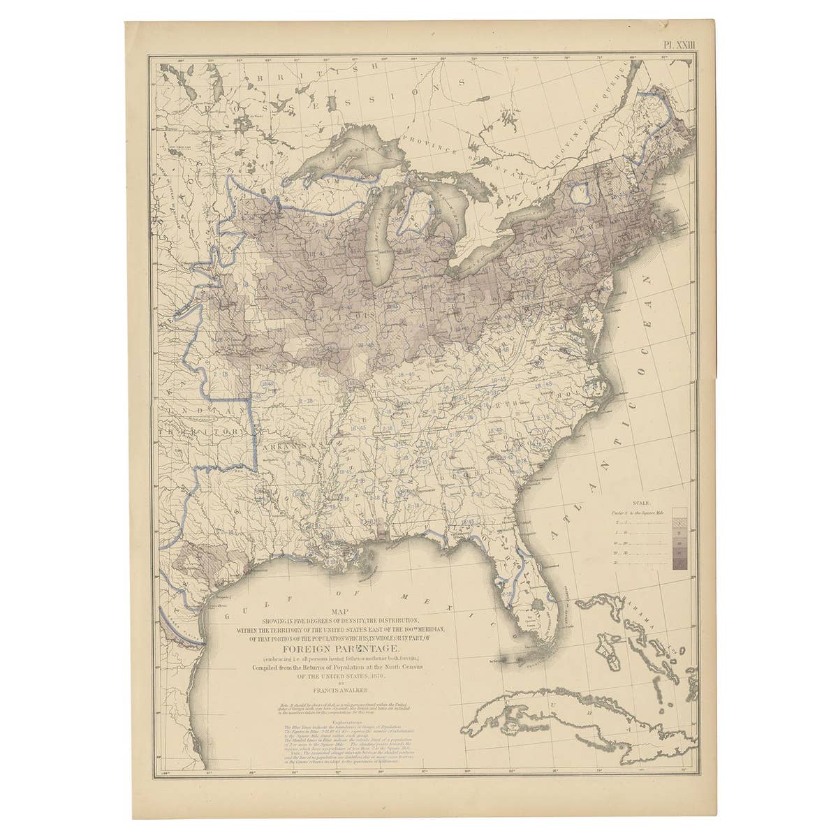 Pl. 23 Antique Chart of the US Foreign Parentage in 1870, '1874'