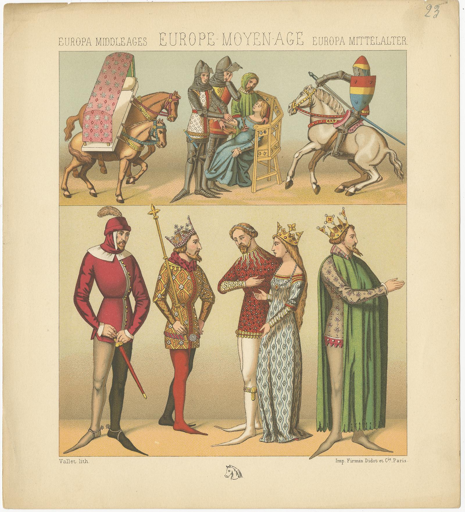 Antique print titled 'Europa Middle Ages - Europe Moyen Age - Europa Mittelalter'. Chromolithograph of European Middle Ages Scene'. This print originates from 'Le Costume Historique' by M.A. Racinet. Published circa 1880.