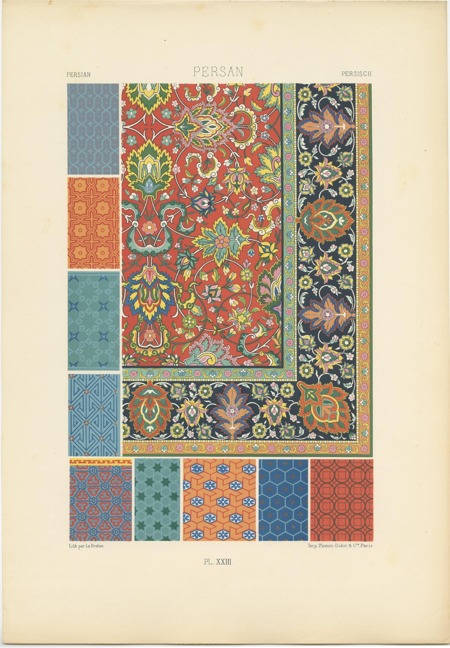 Antique print titled 'Persian - Persan - Persisch'. Chromolithograph of Persian ornaments and decorative arts. This print originates from 'l'Ornement Polychrome' by Auguste Racinet. Published, circa 1890.
