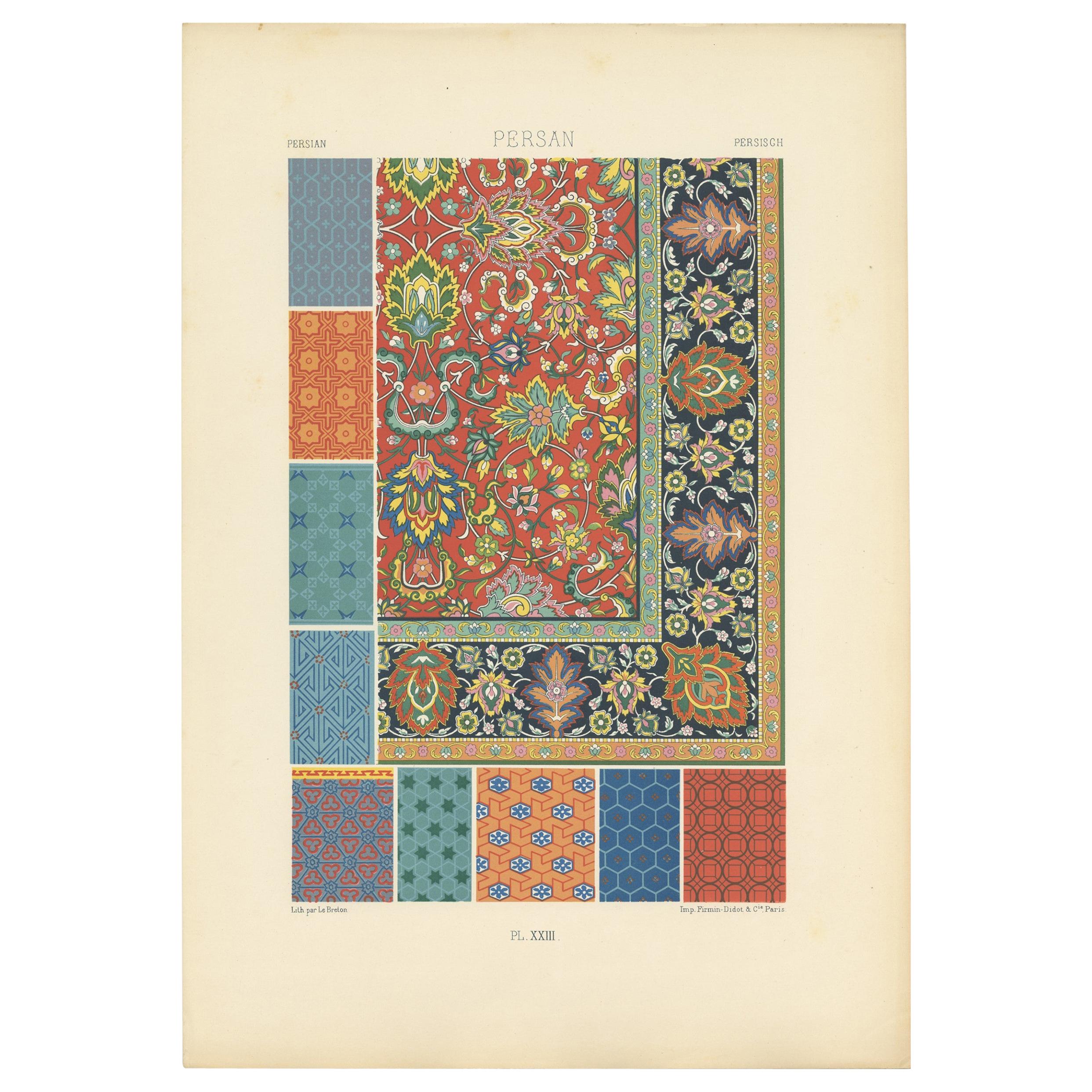 Pl. 23 Antique Print of Persian Ornaments by Racinet, circa 1890 For Sale