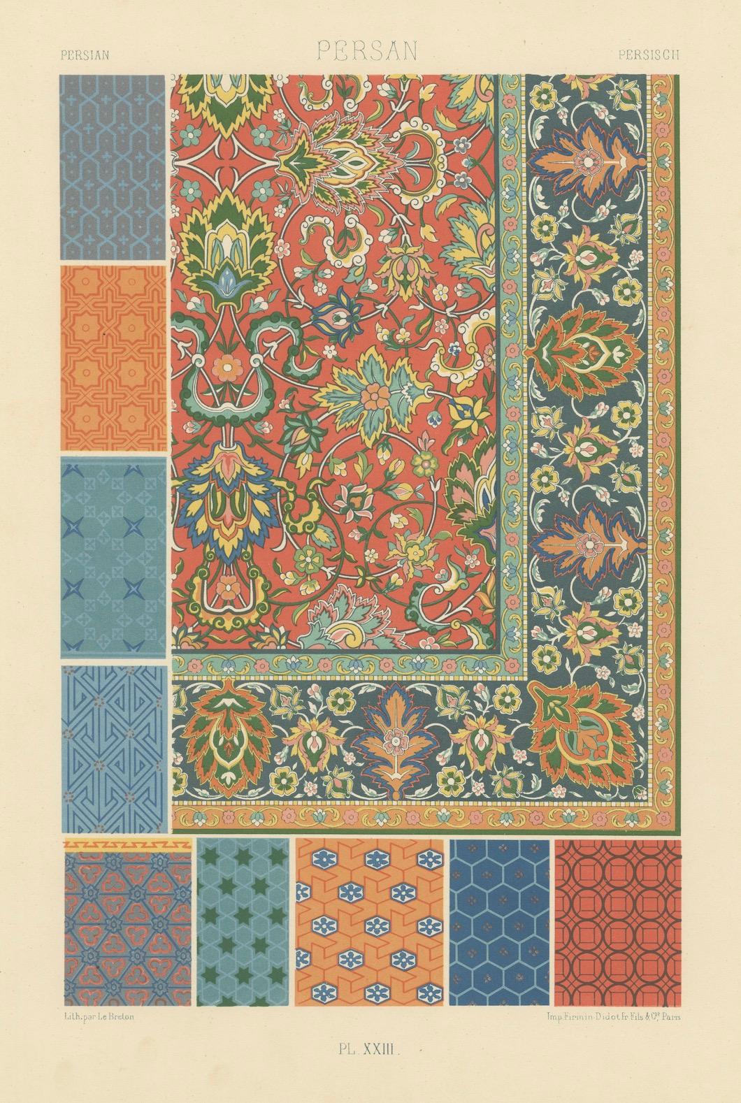 Pl. 23 Grabado antiguo de ornamentos persas de Racinet, hacia 1890 en venta 3