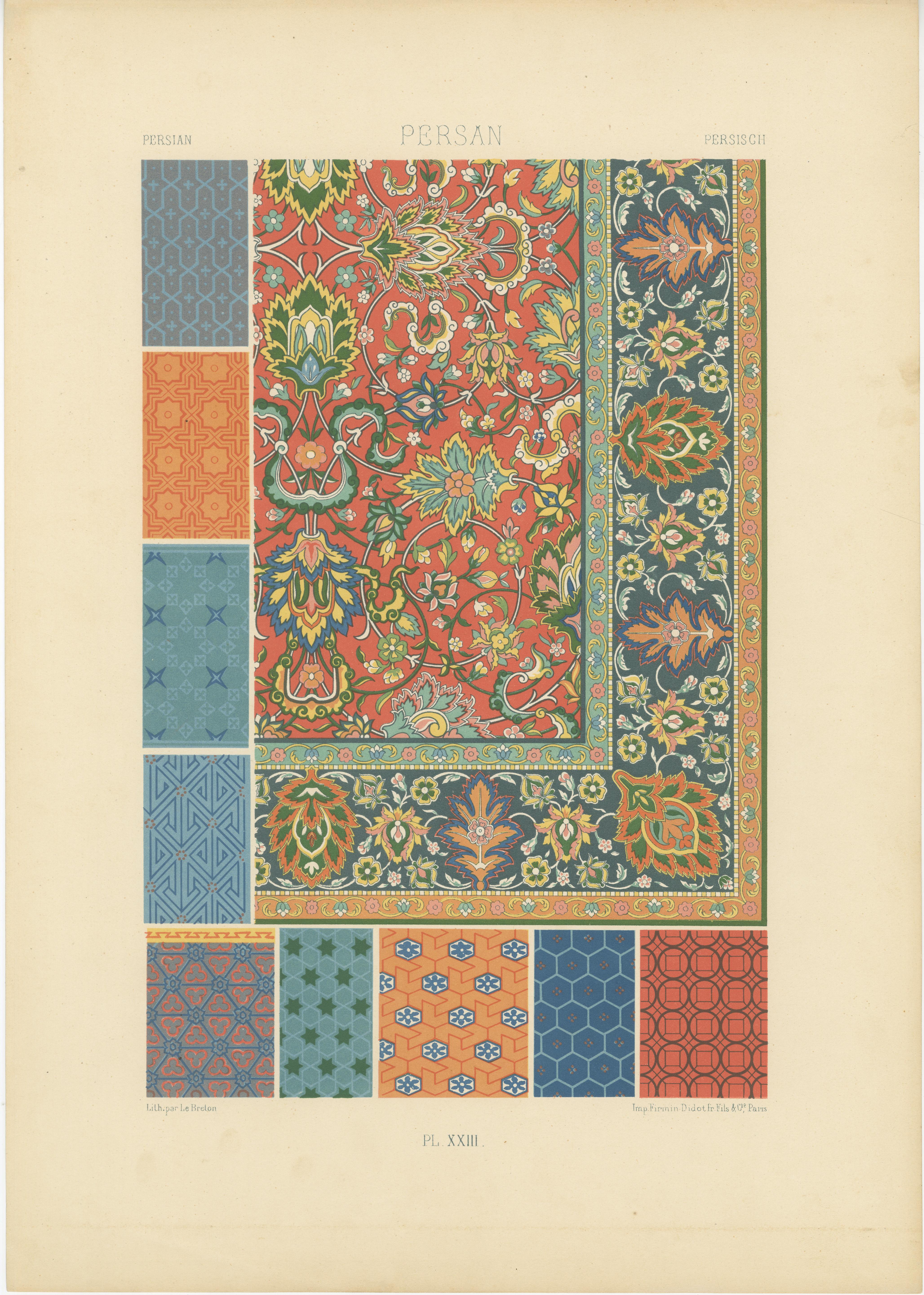 Pl. 23 Grabado antiguo de ornamentos persas de Racinet, hacia 1890