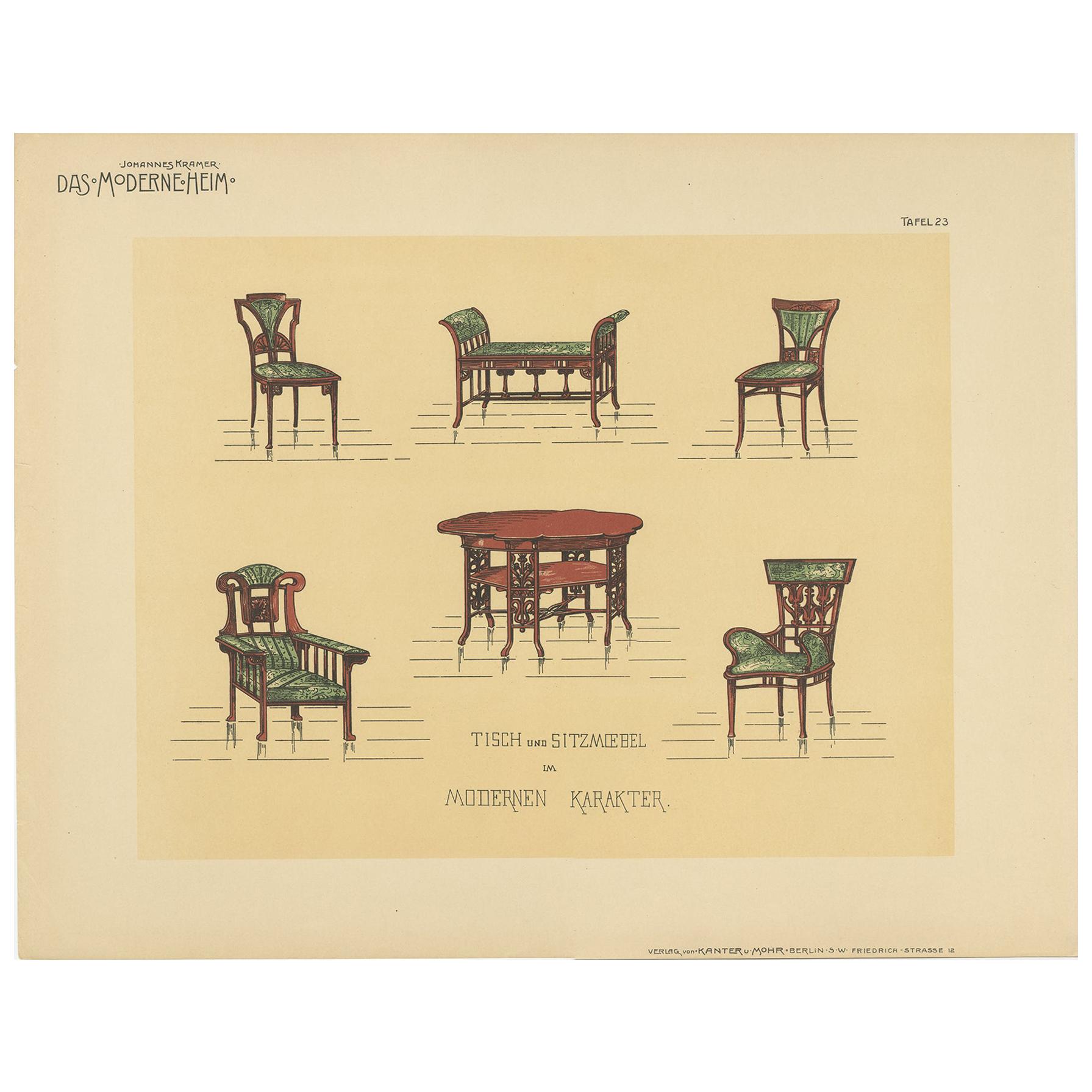 Pl. 23 Antique Print of Tables and Chairs by Kramer, circa 1910