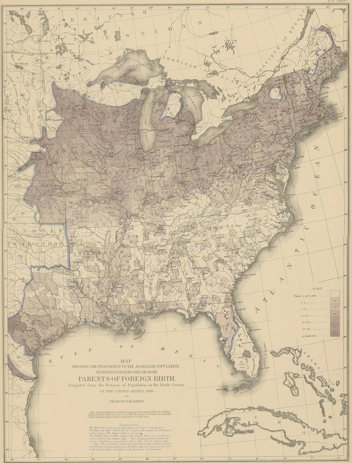 Antique Chart of the US Foreign Parentage Proportion in 1870, '1874'