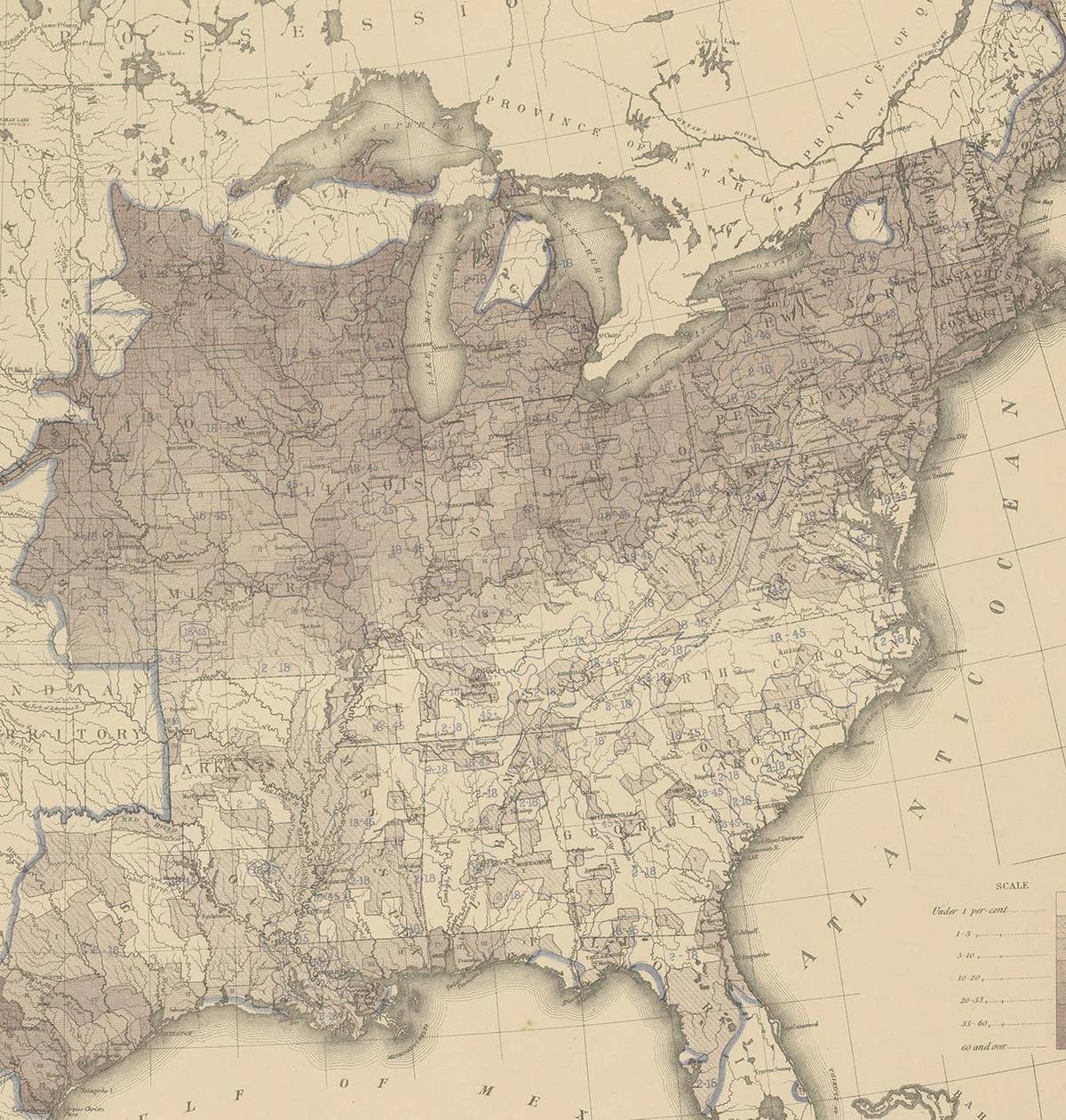 Antique Chart of the US Foreign Parentage Proportion in 1870, '1874'